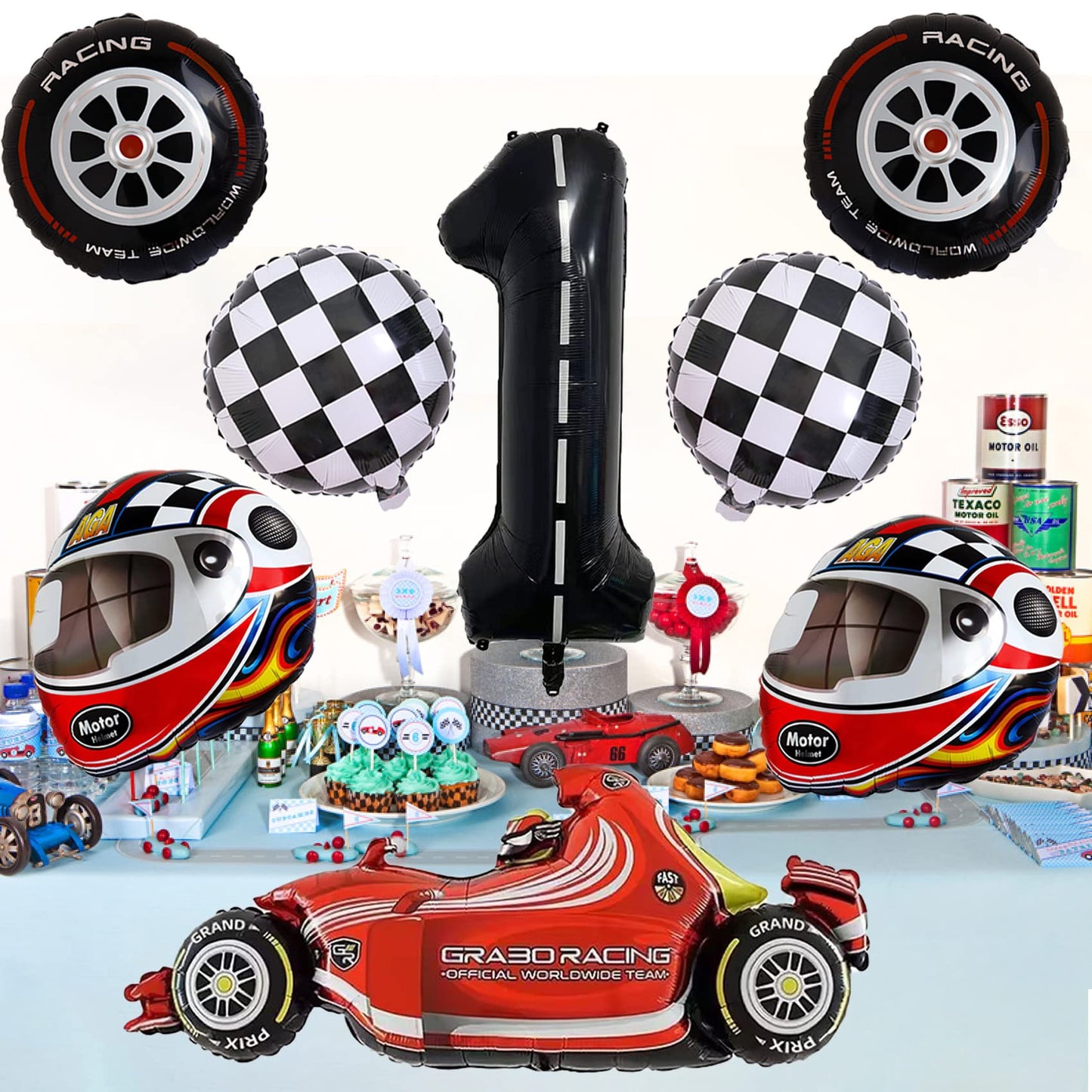 Stcomart 8 Pcs Race Car Party Decorations, Black Number 1 Balloon Checkered Balloons Tire Balloons For Boys 1St Birthday