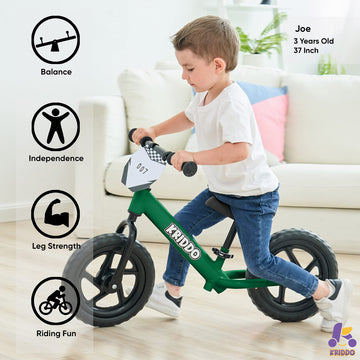KRIDDO Toddler Balance Bike, 12 Inch, Carbon Steel, Green, Ages 18 Months to 5 Years, Includes Custom Plate & Stickers