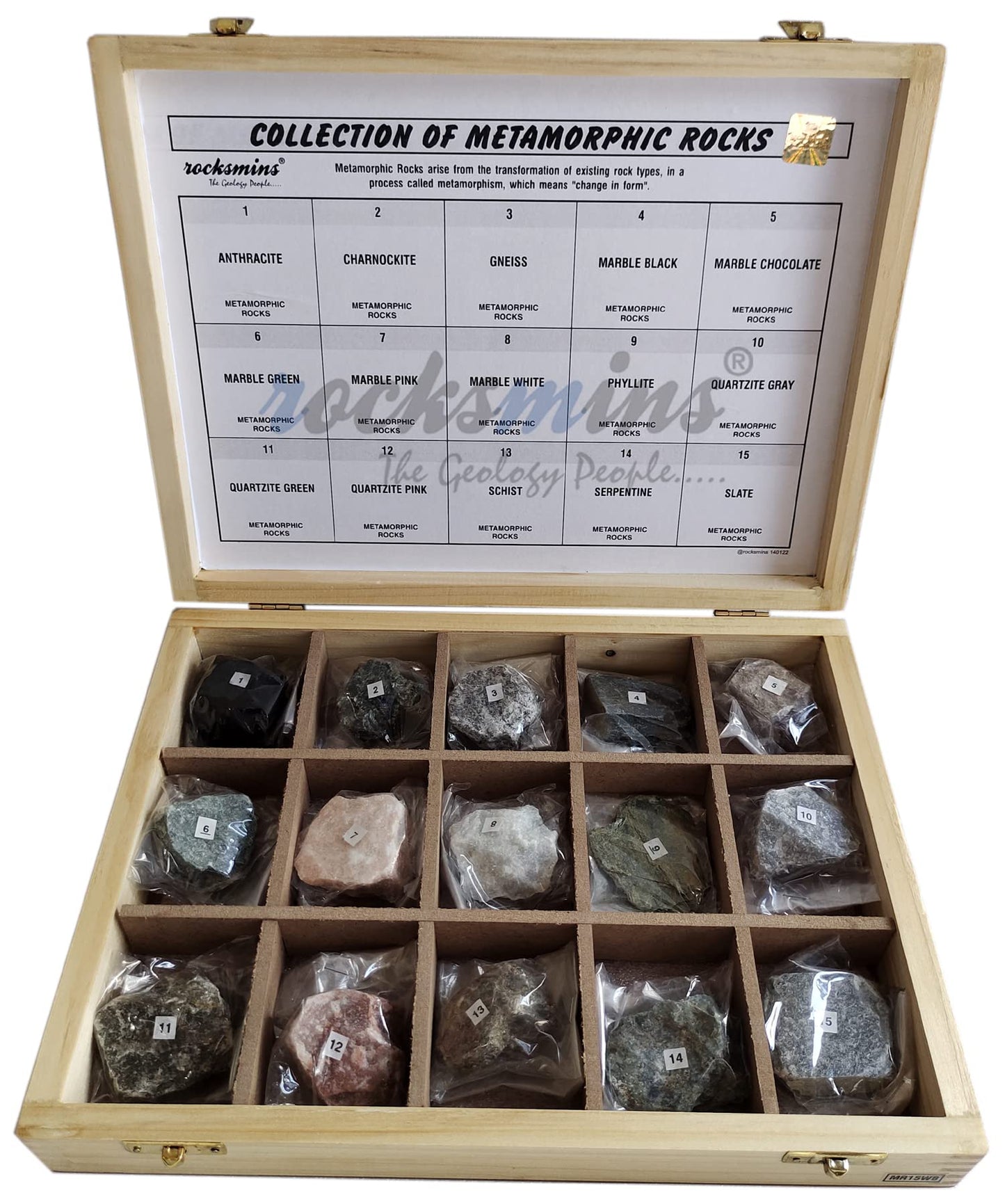 Rocksmins Mr15Wb Collection Set Of 15 Metamorphic Rocks In Wooden Box For Students Of School College Education Igneous Sedimenta