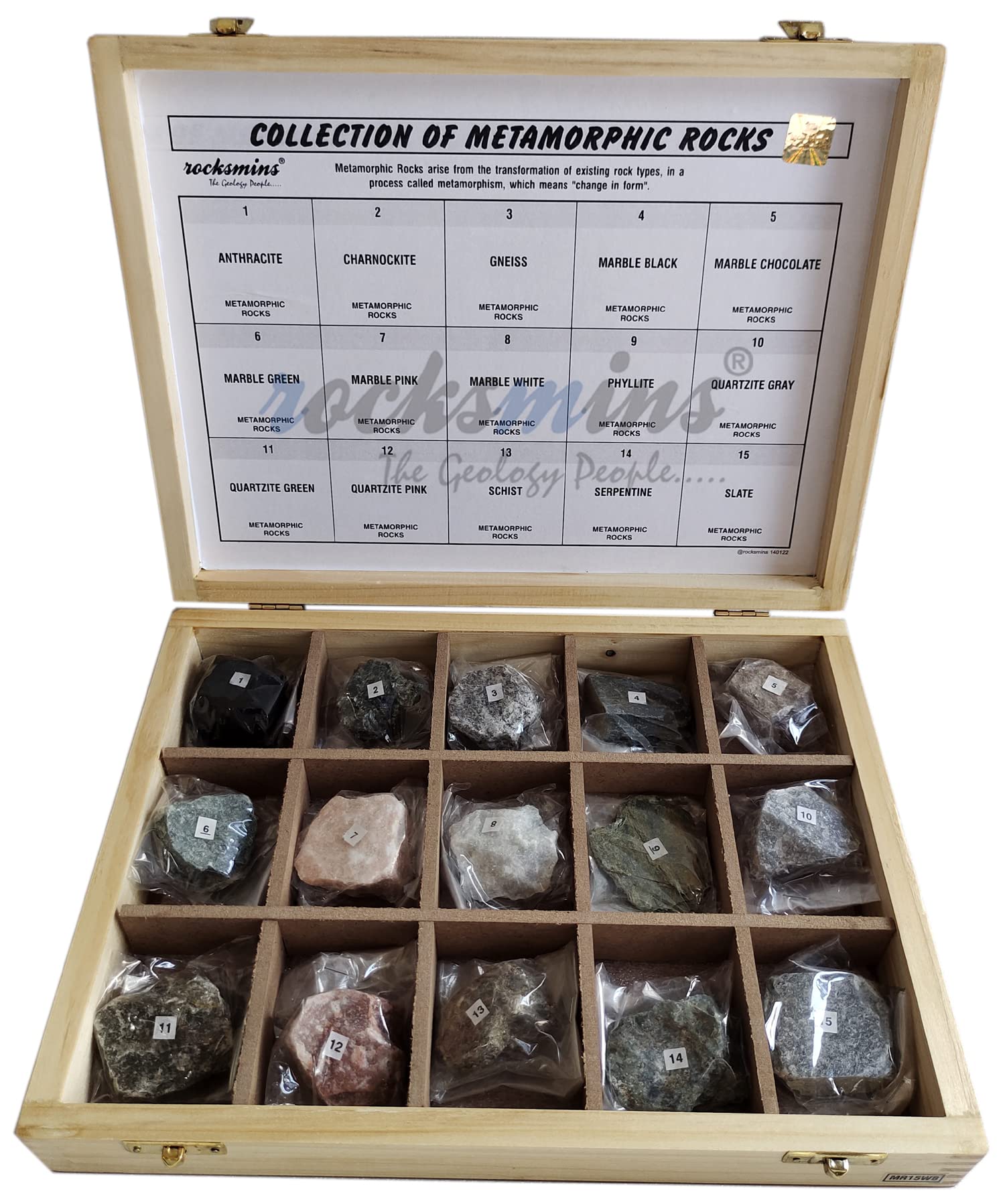 Rocksmins Mr15Wb Collection Set Of 15 Metamorphic Rocks In Wooden Box For Students Of School College Education Igneous Sedimenta