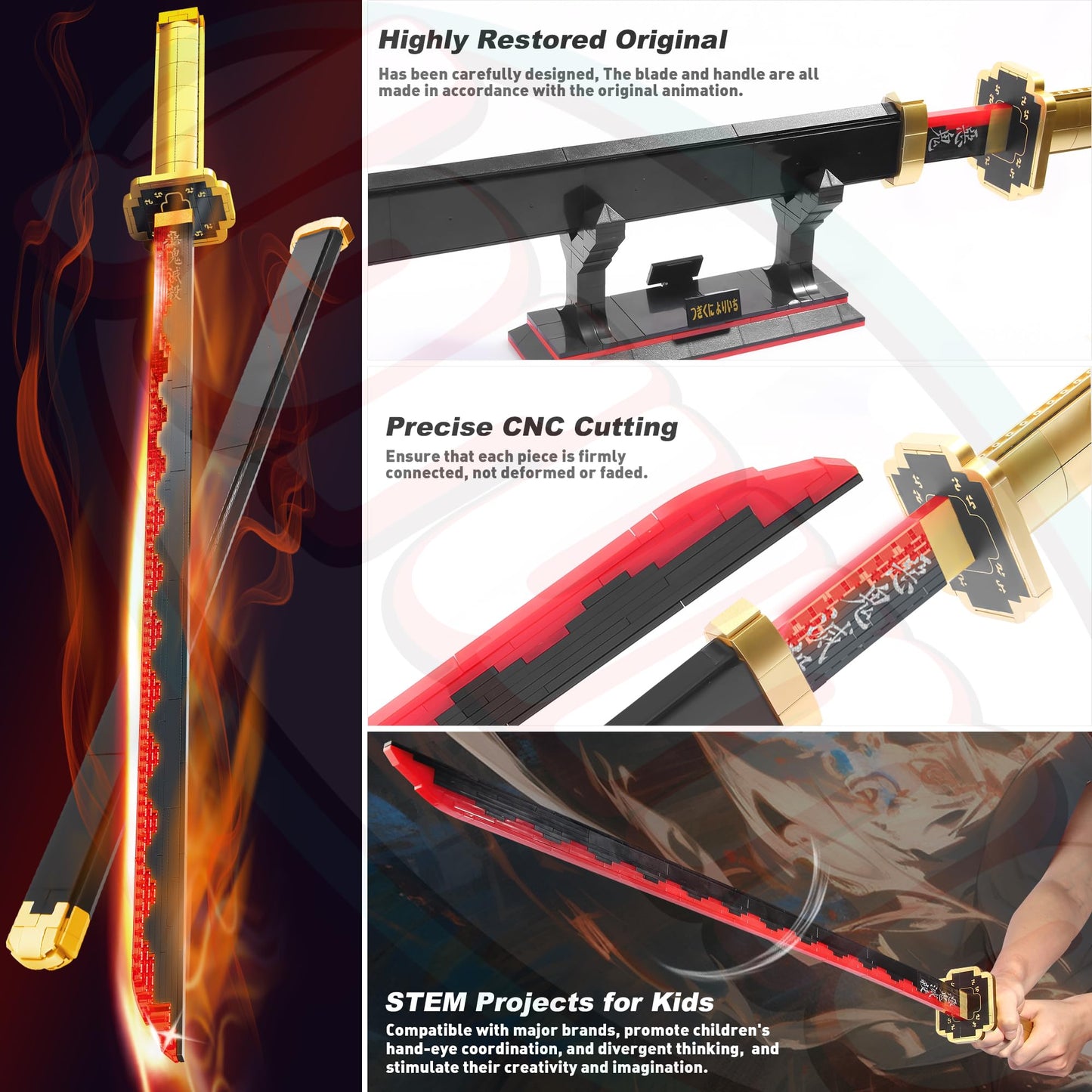 Demon Slayer decorative replica blades Building Sets for Boys 8-14  39in Tsugikuni Yoriichi decorative replica blade Building Block with Scabbard and Stand  Anime decorative replica blade Building Toy Demon Slayer Gift Katana  788 Pcs