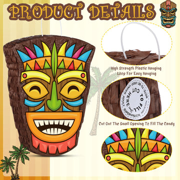 Threan Small Tiki Piñata Tropical Hawaii Piñata With Blindfold Bat Aloha Luau Piñata For Hawaiian Luau Themed Party Decoration Summer Birthday Party Supplies, 15.7 X 3.1 X 12.2 Inch
