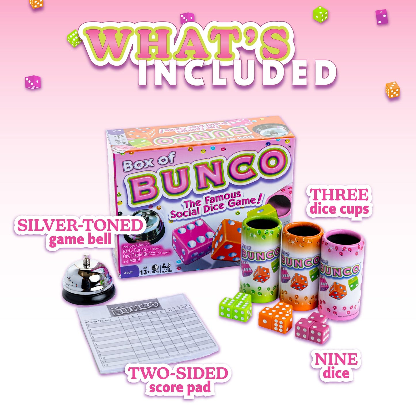 Continuum Games Box Of Bunco Game Party Box For Ladies Night With The Girls, Adult Games For 2-12 Players With 3 Sets Of Bunco Dice, Bell, And Score Pad For Ladies Night Games, Bunco Gifts For Women