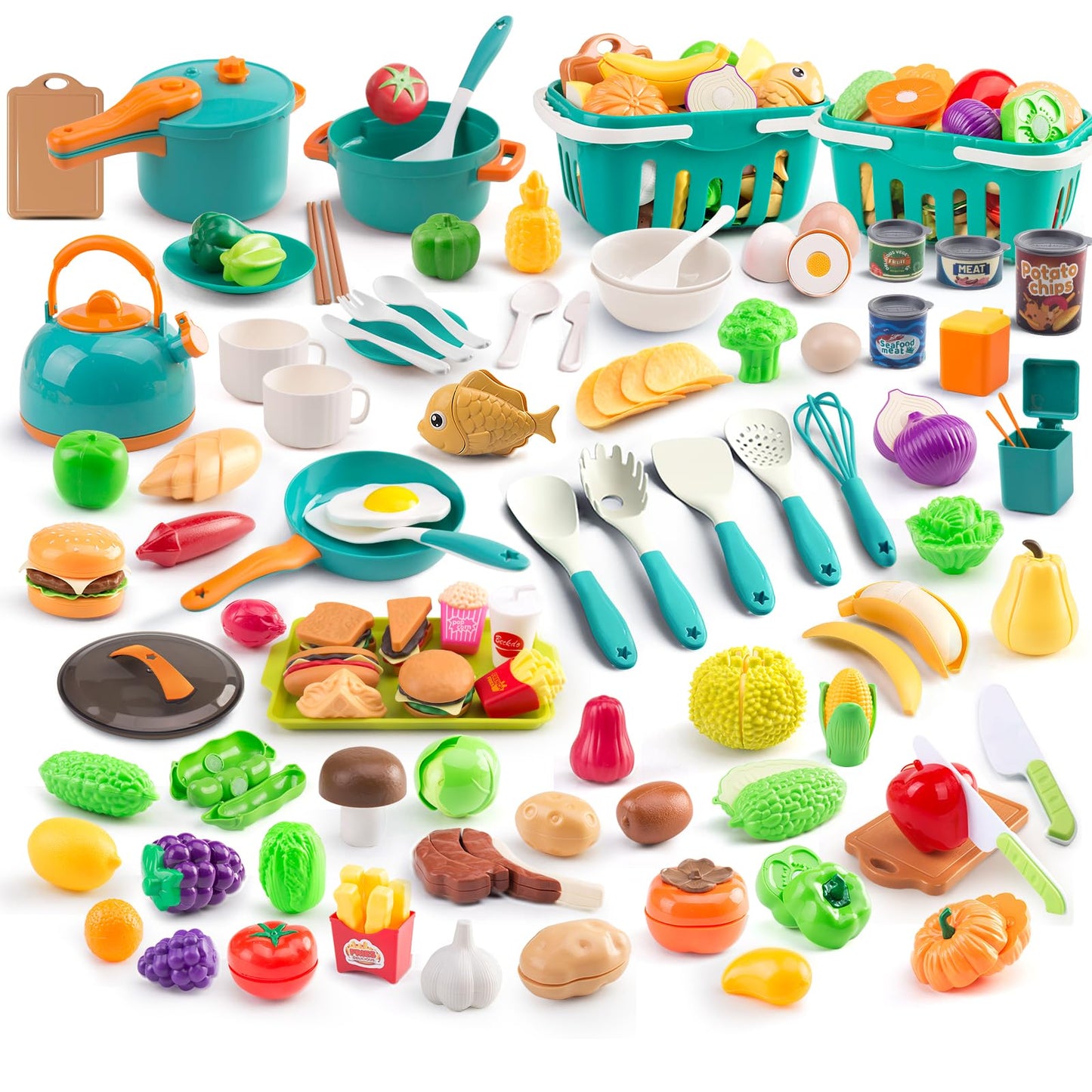 200Pcs Mini Play Kitchen Accessories for Kids, Pretend Cooking Playset with Cookware, Tableware & 2 Fruit Sets, Learning Gift fo