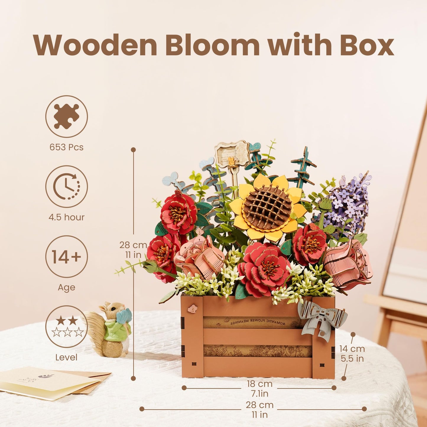 Robotime 3D Flowers Puzzle Wooden Bloom Box, Wood Craft Kits For Adults, Wooden Artificial Flower Decorations & Centerpieces For