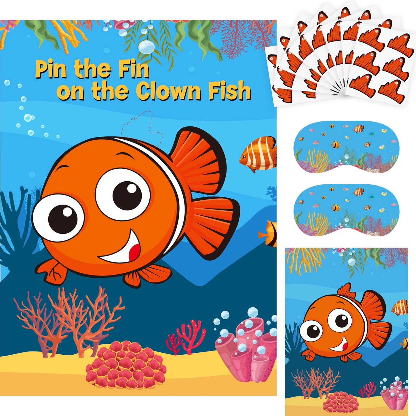 Neburora 2 Pack Pin The Fin On The Clownfish Party Game 2 Large 21''X 28'' Posters With 48Pcs Stickers Ocean-Themed Birthday Par