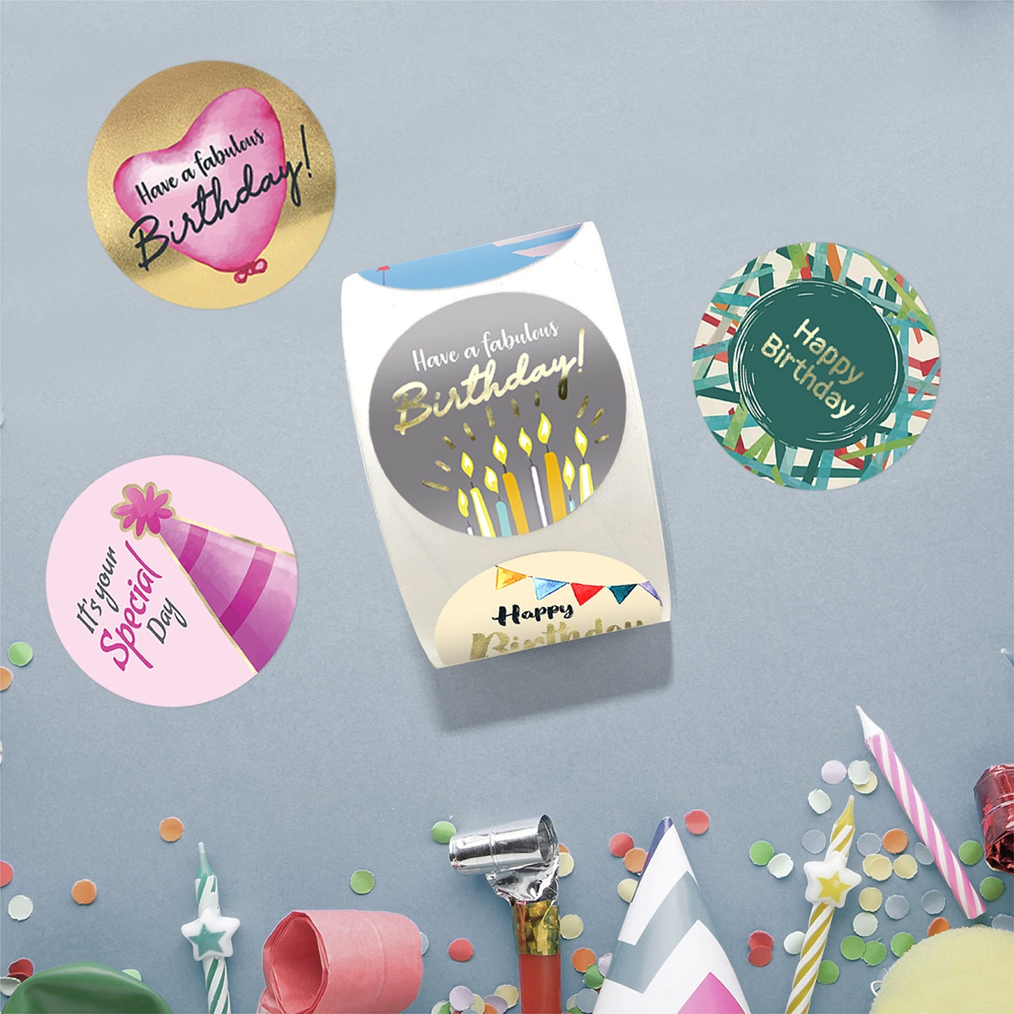 Easykart Labels 500 Happy Birthday Stickers, 6 Unique Foiling Designs, Birthday Stickers For Kids, Birthday Party Decoration, 1.