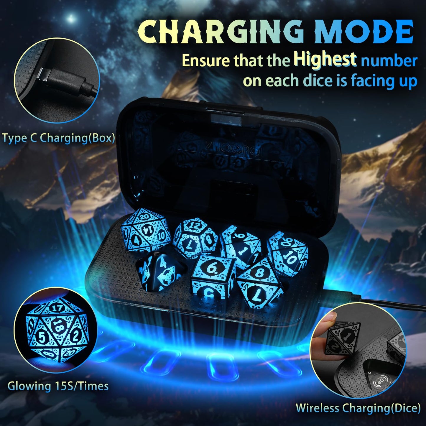 Wireless Charging LED Dice, DND Dice Rechargeable with Charging Box, ZHOORQI 7 PCS Light up Dices for Dungeons and Dragons RPG (