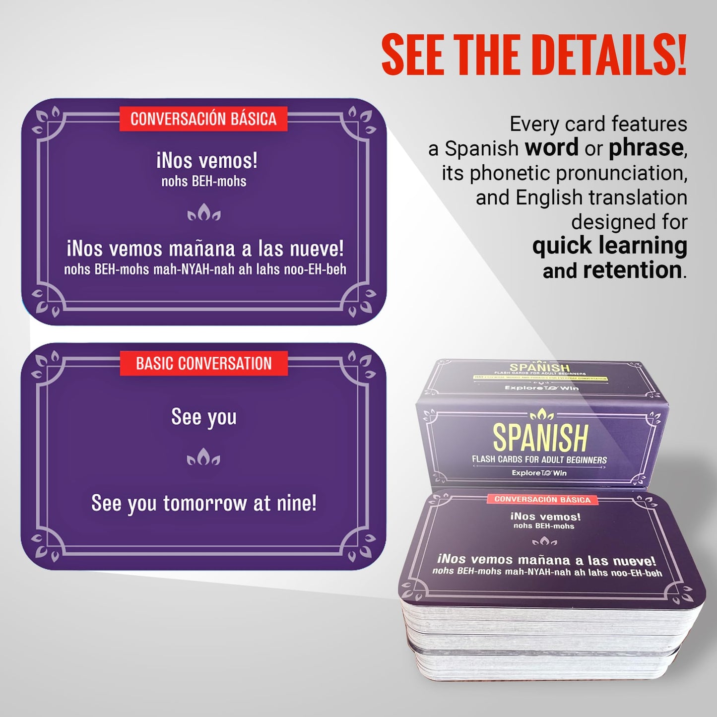 Explore To Win Spanish Flash Cards Set – 100 Cards, Audio & eBook, 4x2.5x2.5 in, Purple, Learn Common Verbs & Phrases