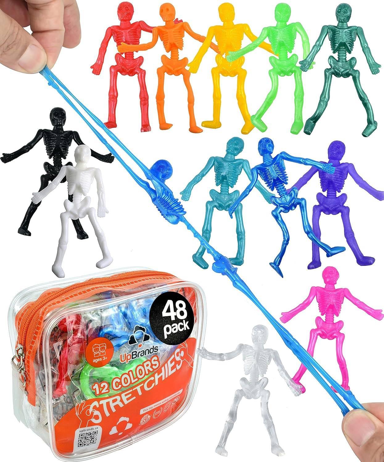 UpBrands Halloween Party Favors - 48 Stretchy Skeleton Toys - Non-Candy Goodie Bag Stuffers, Scary Mini Skeleton for Kids Ages 3