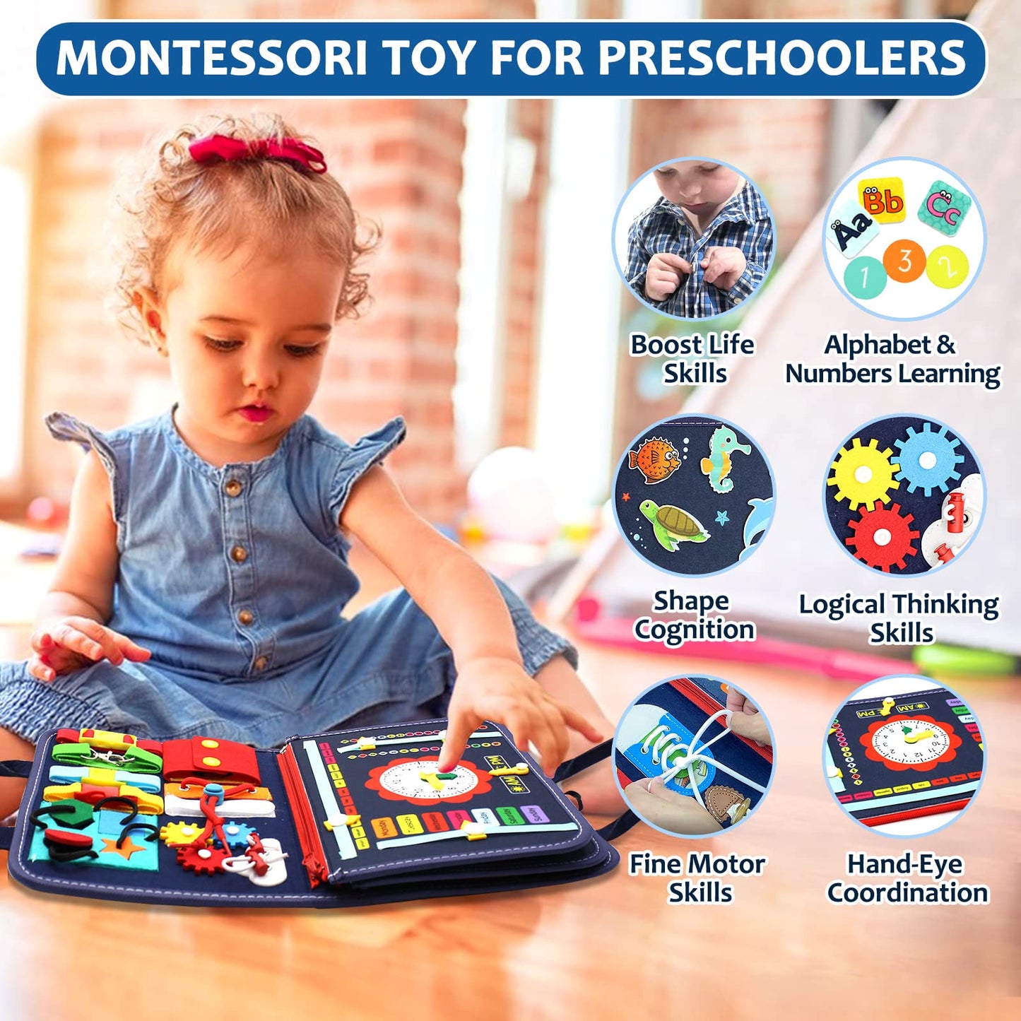 Qizfun Busy Board Montessori Toy - Educational Sensory Activity for 1-4 Years, Medium Size, Soft Felt Fabrics, Blue Model QIZBBXPRO
