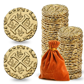 Prefdo Metal Pirate Coins, 50PCS X Large Gold Treasure Coin Set Spanish Doubloon Replicas Fantasy Metal Coins Pirate Gold Coins 
