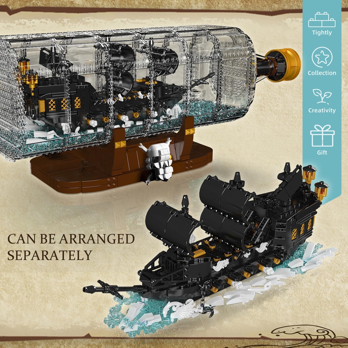 Mould King 10065 Drift Bottle Pirate Ship Building Blocks Set, 2206 Pieces, Large Black Plastic Model with Display Stand