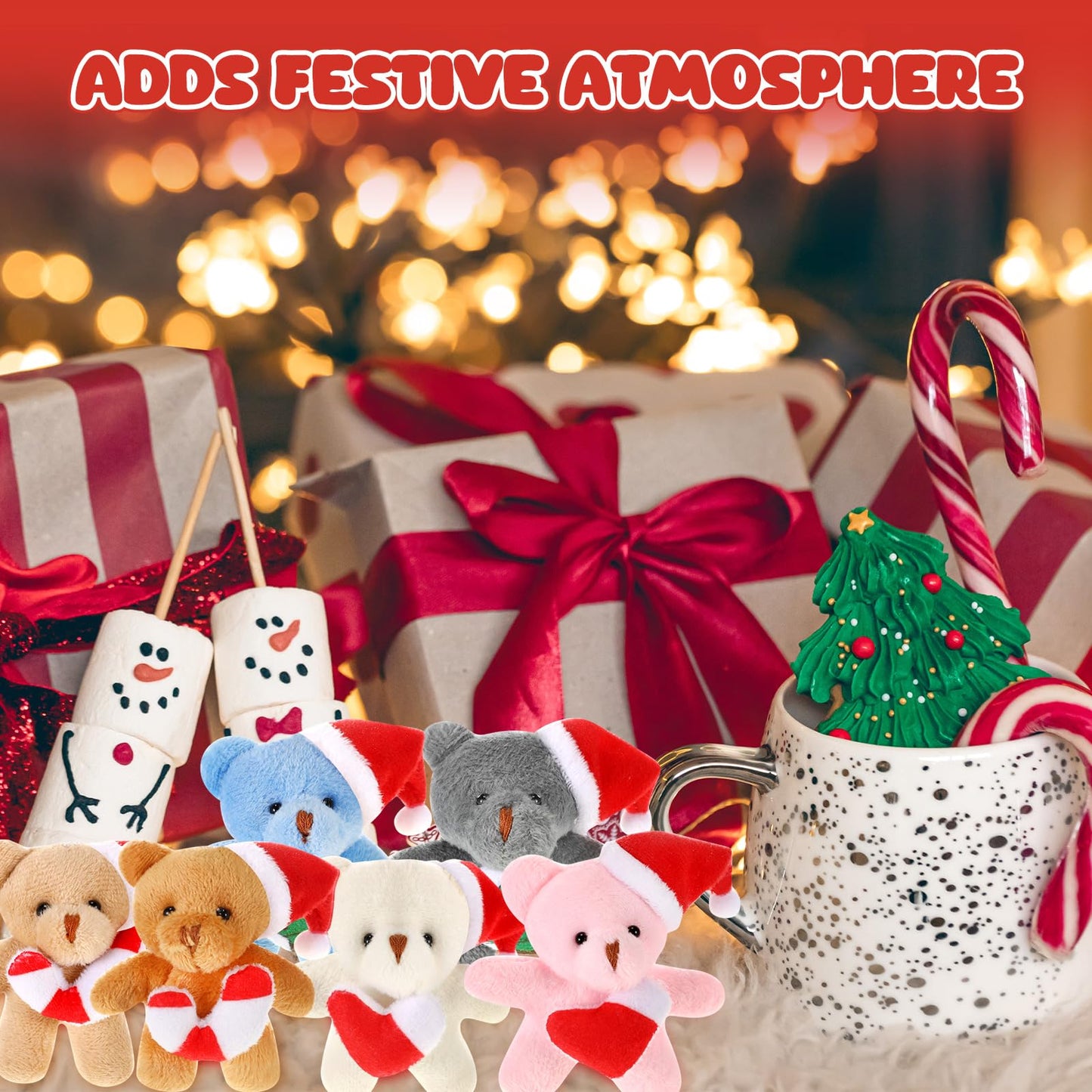 Blueweenly 24 Pcs Christmas Mini Stuffed Animal Bear Bulk Small Plush Christmas Bear with Santa Hat Tiny Xmas Animal Keychain fo