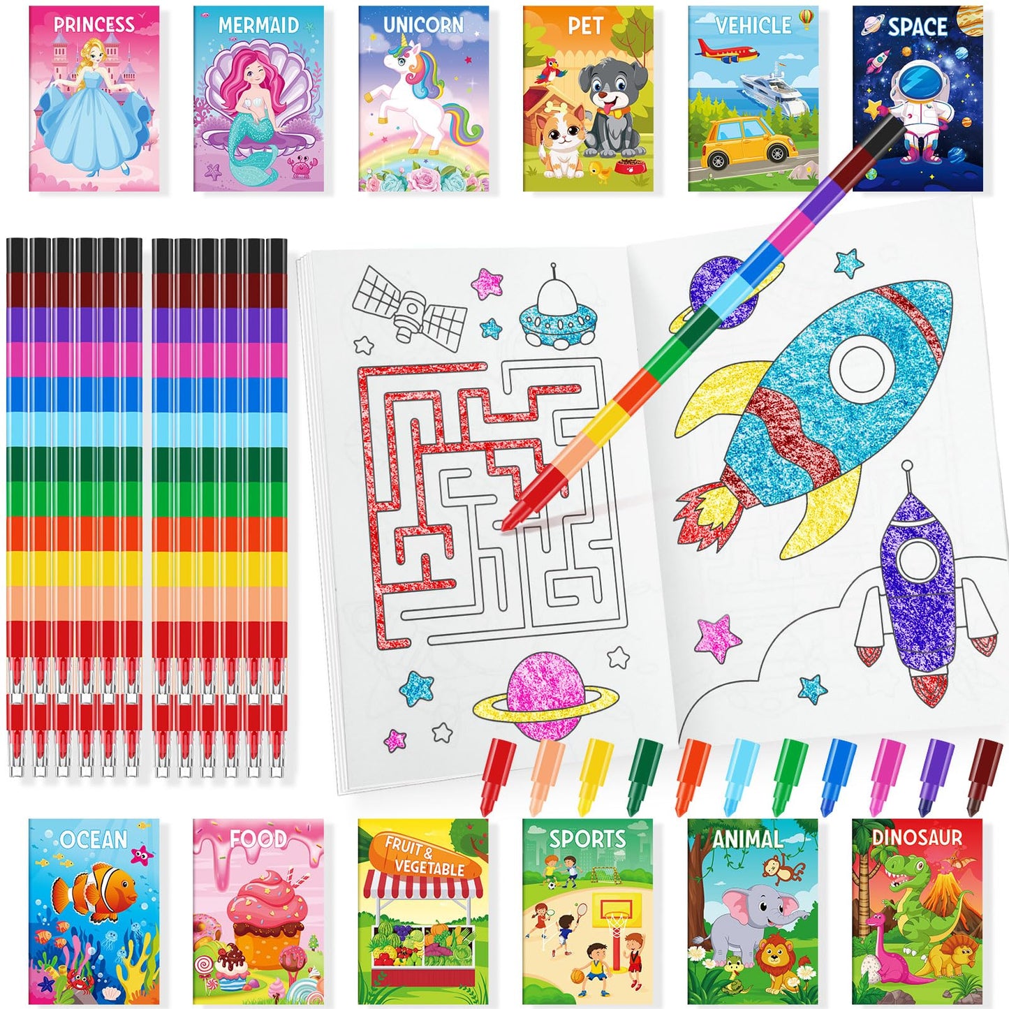 Benlouis 12 Outer Space Mini Coloring Books Kids With 12 Stacking Crayons Astronaut Party Favors Small Activity Books Bulk For K