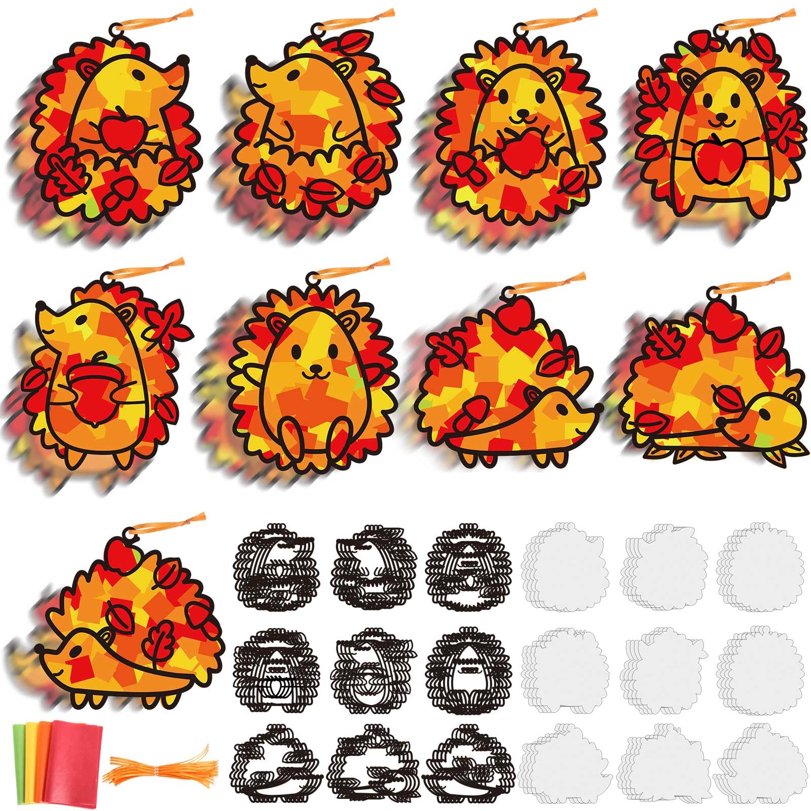 Pajean 36 Sets Fall Crafts Kit DIY Hedgehog Autumn Paper Crafts with Colored Tissue Paper Stickers Hedgehog Suncatcher Hanging O