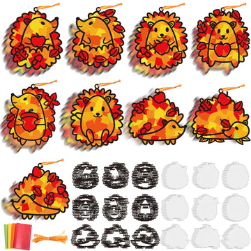 Pajean 36 Sets Fall Crafts Kit DIY Hedgehog Autumn Paper Crafts with Colored Tissue Paper Stickers Hedgehog Suncatcher Hanging O