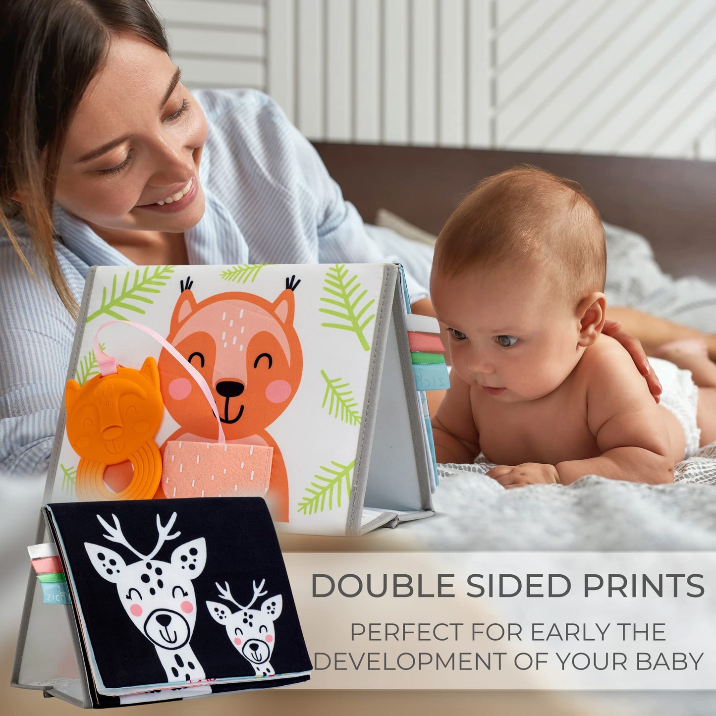 ZICOTO Soft Tummy Time Book - Multi Color, Medium Size, Silicone - Sensory Developmental Toy with Baby Safe Mirror for Newborns/Infants