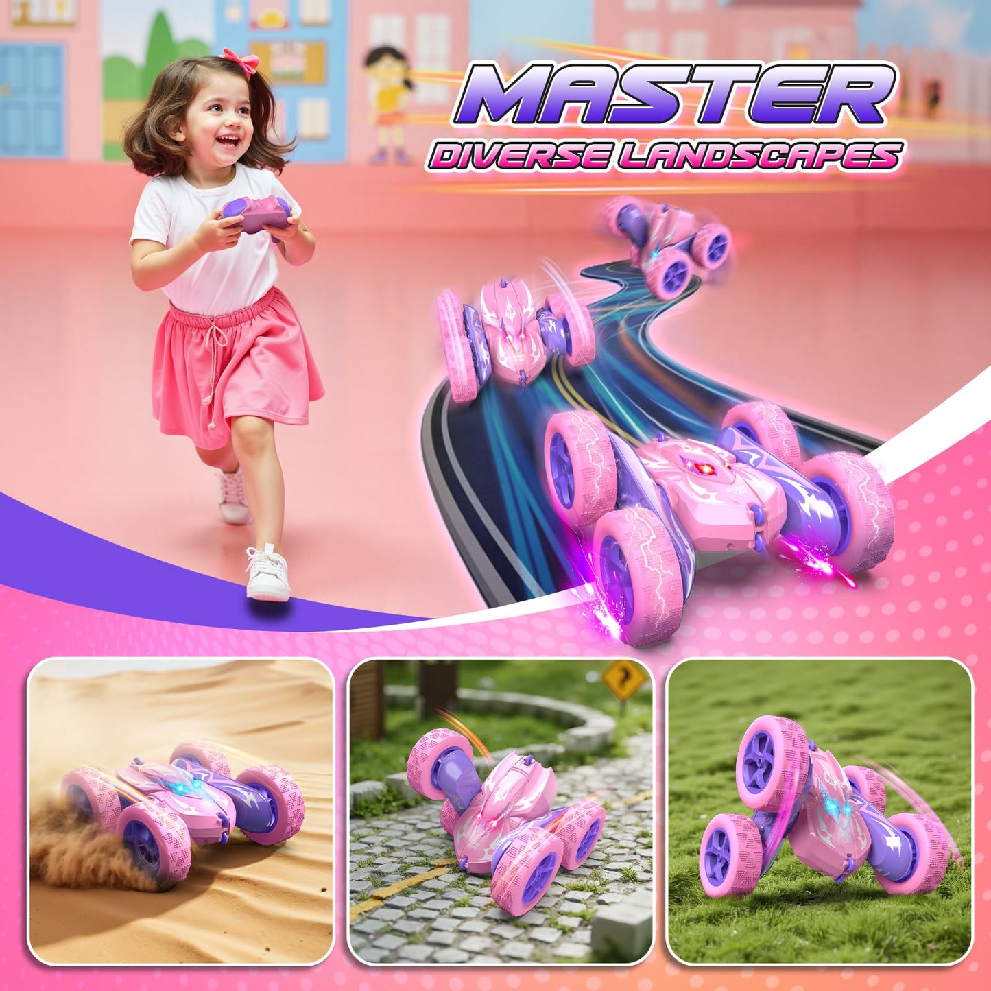 Excitobo Remote Control Car 4WD Double Sided 360° Flip Pink Model WJ121750 for Kids Age 4-12
