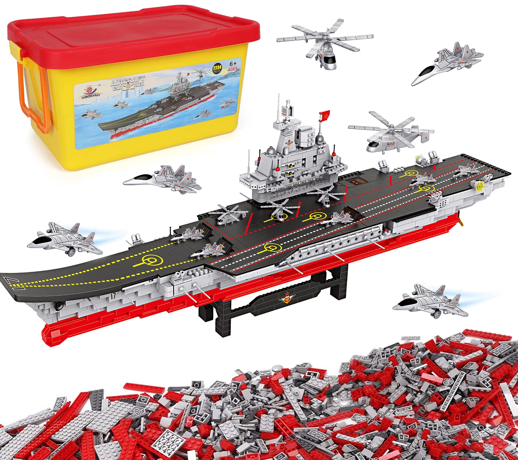 2234 Pieces Aircraft Carrier Building Blocks With Storage Box, 38X 7.7X10.5 Inch Stress Release Large Construction Military Wars