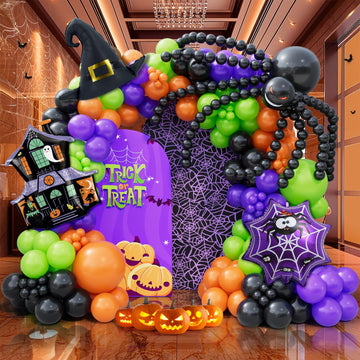 Bonropin 175Pcs Halloween Balloon Garland Arch Kit With Black Orange Green Purple Balloons Spider Balloons Halloween Foil Balloo