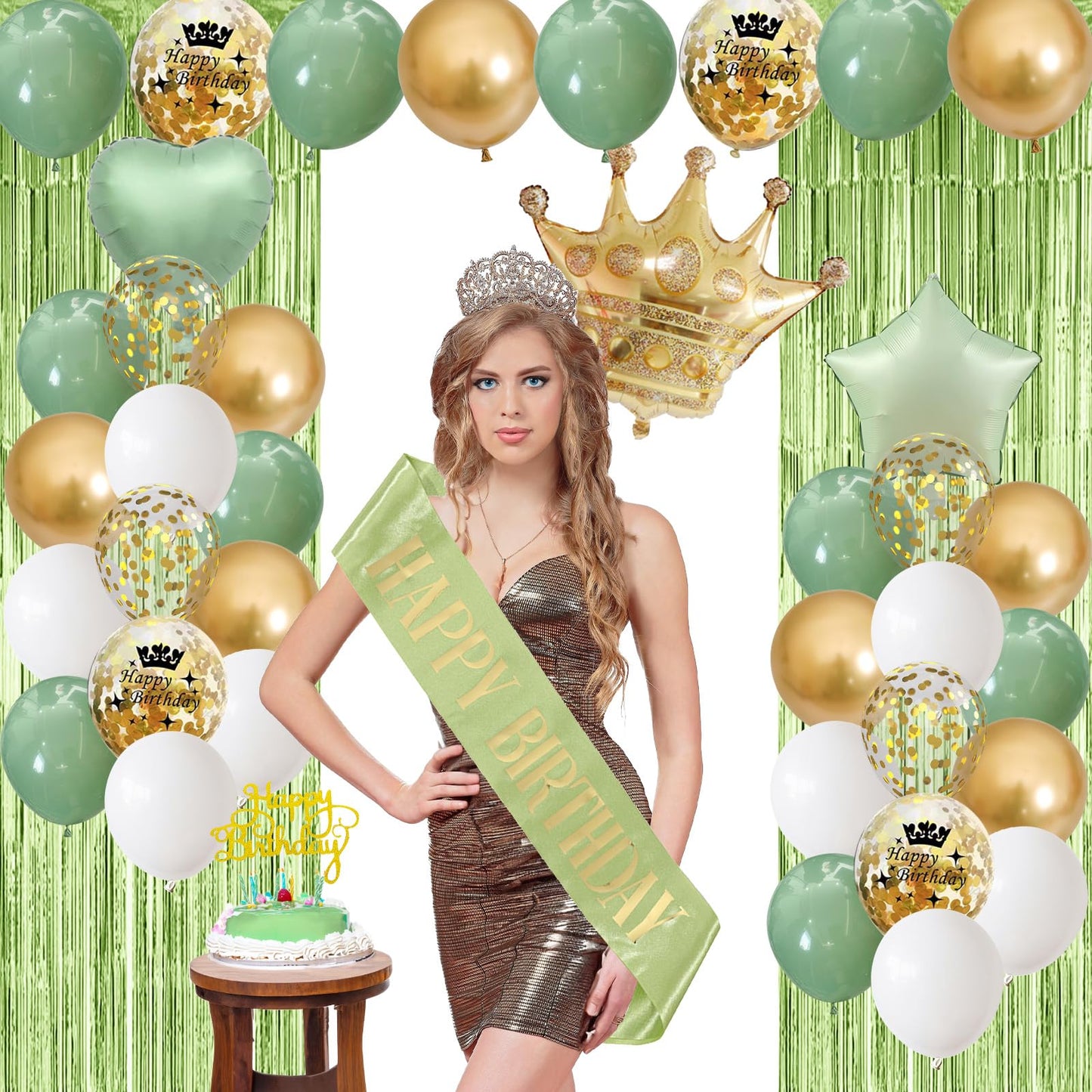 Sage Green Birthday Decorations With Happy Birthday Banner Olive Green Fringe Curtain Sash Foil Balloon Eucalyptus Retro Green W