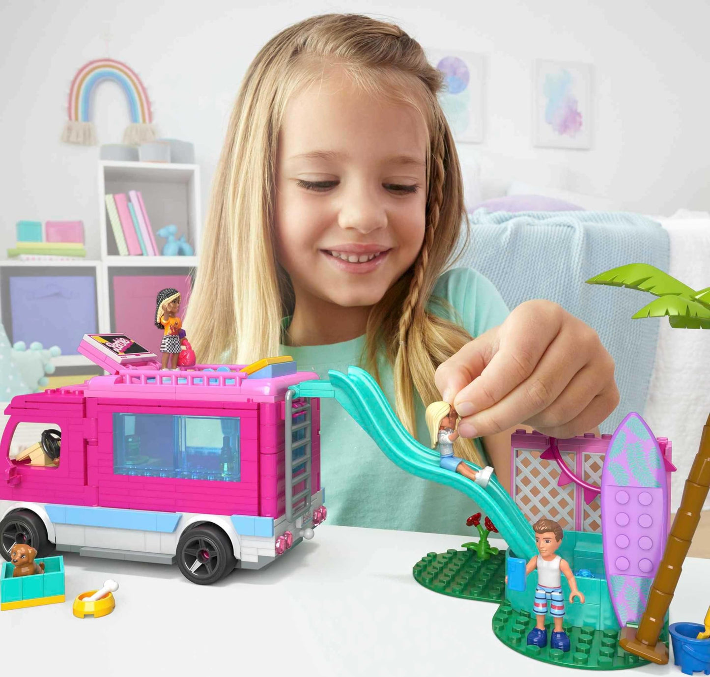 Mega Construx Barbie Dream Camper Adventure Building Toy Set, 580 Pieces, 4 Micro-Dolls, Pink, Ages 6+, Plastic