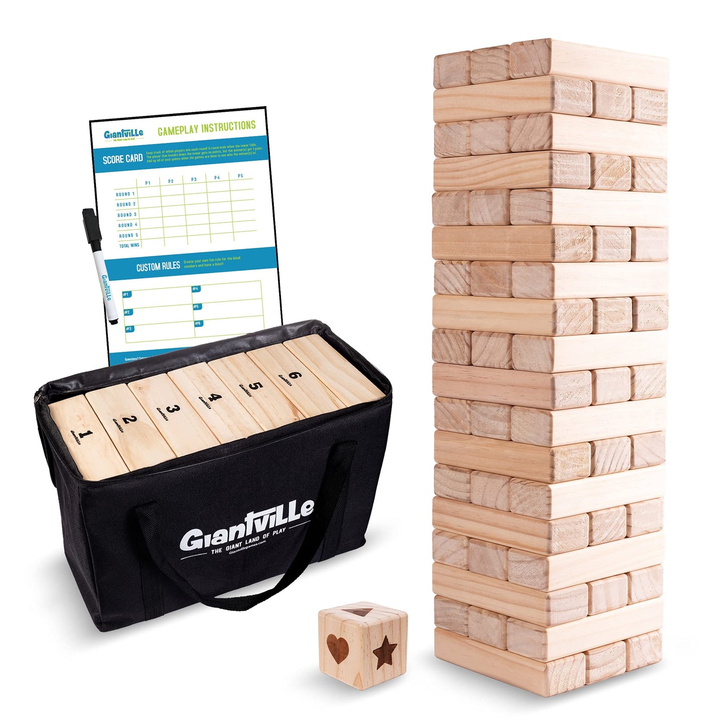 Giantville Giant Tumbling Timber Toy - enhanced Pine Wood Life-Size Blocks Tower - Big Floor/Board Indoor/Outdoor Yard Game for Kids & mature-themeds - 54-Pieces + Dice + Carry Bag - Grows to Almost 4-Feet