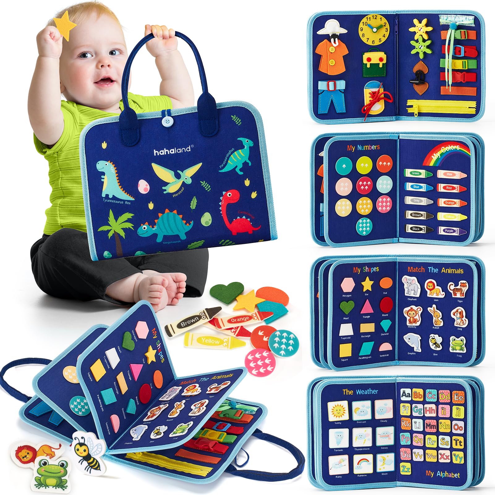 hahaland Busy Board for Toddlers - Montessori Toys Preschool Learning Activities with Life Skills  Alphabet  Number  Shape  Color  Animal  Weather - Toddler Boy Learning Educational Toys  Travel Toys