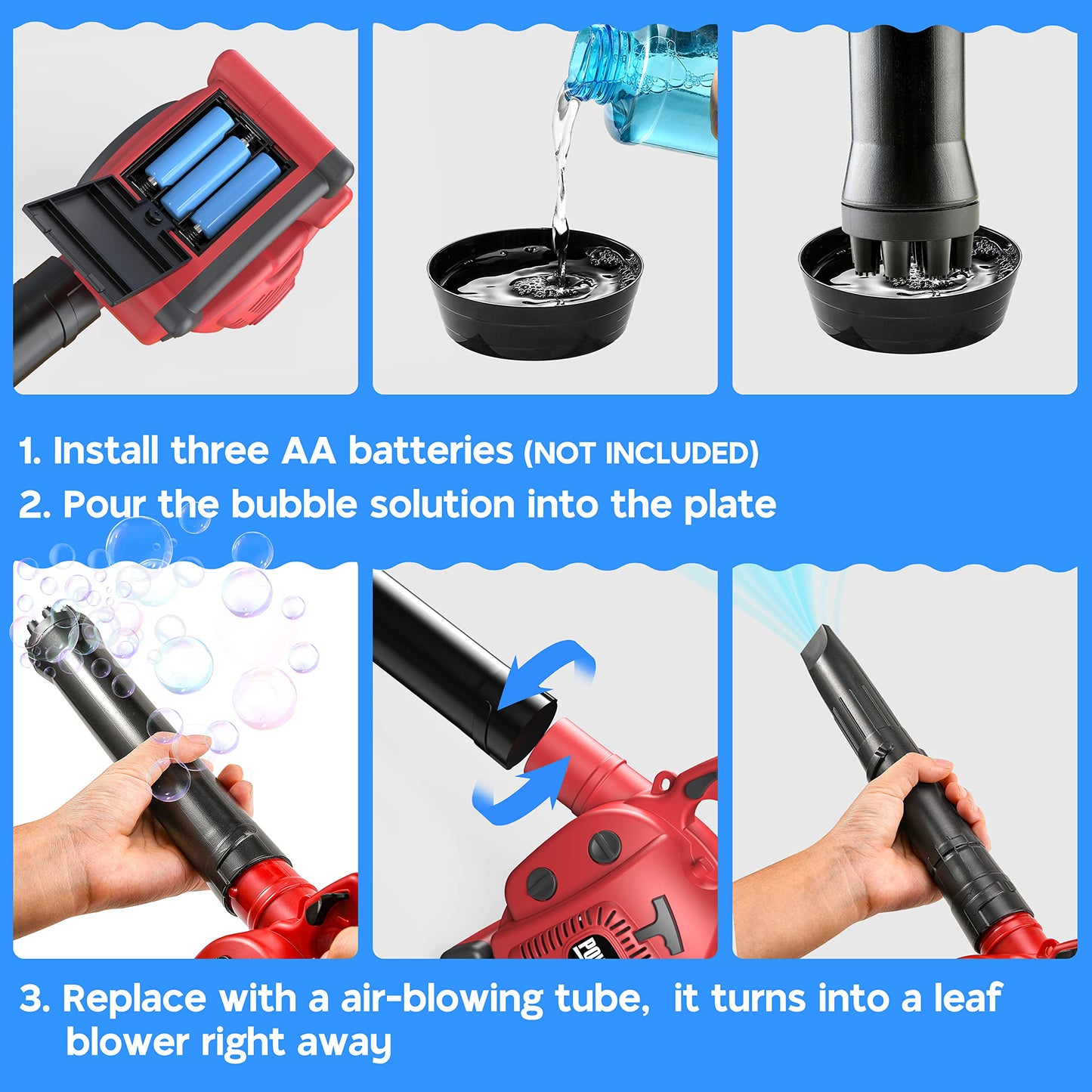 Toy Choi's Bubble Leaf Blower - 2 in 1 Kids Bubble Machine & Gardening Tool Set, Red, for Ages 3+ - Perfect Summer Outdoor Party Toy