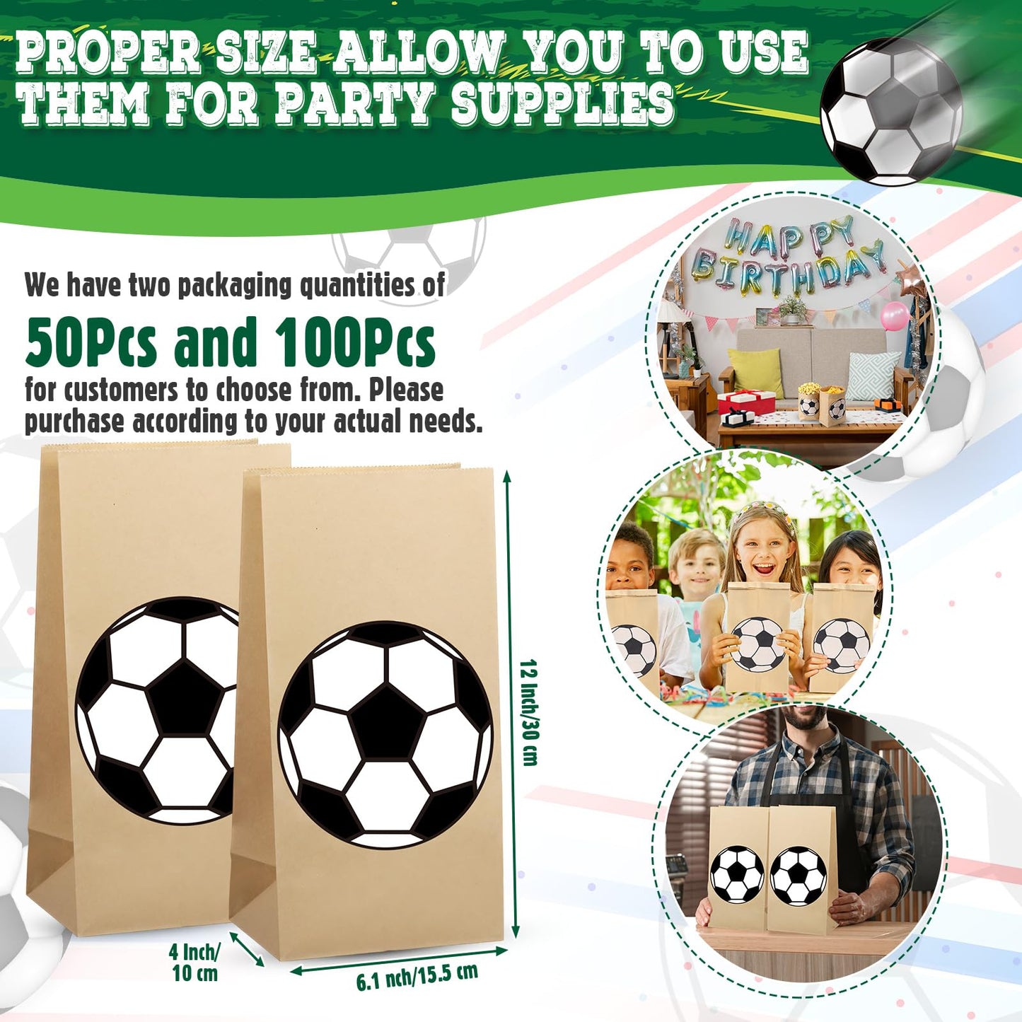 Watersay 100 Pcs Soccer Party Favor Bags 12 x 6 x 4 Soccer Kraft Paper Goodie Treat Candy Food Bags for Sports Themed Party Favo