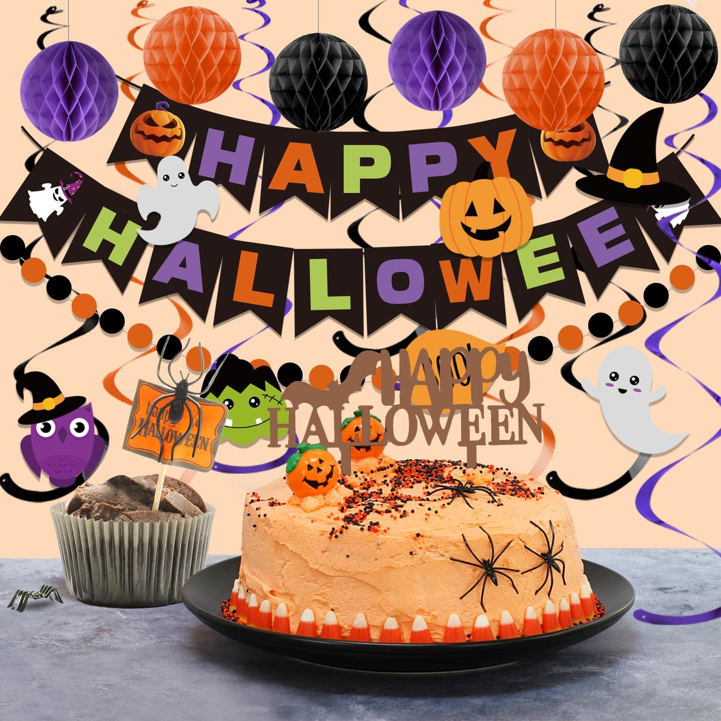 meowtastic Happy Halloween Banner Decorations - Halloween Banner with Honeycomb Ball, Halloween Hanging Swirl Streamer, Circle D