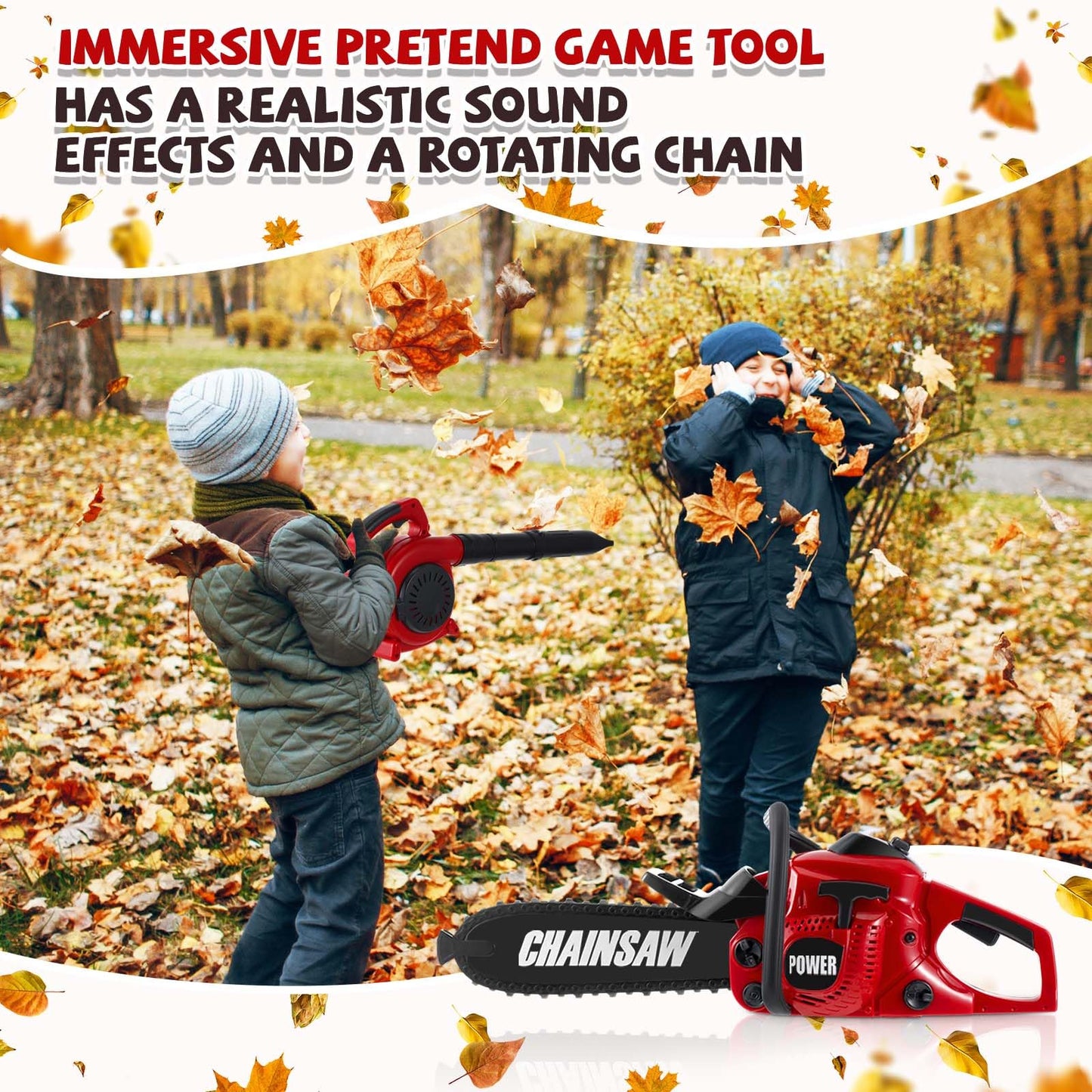 Arrowbash 2 Pcs Toy Gardening Tool Set for Kids Toy Leaf Blower Lawn Trimmer Chainsaw Battery Powered Gardening Tool Set with Lights and Sounds Gift for Boys Girls (Vivid Style)