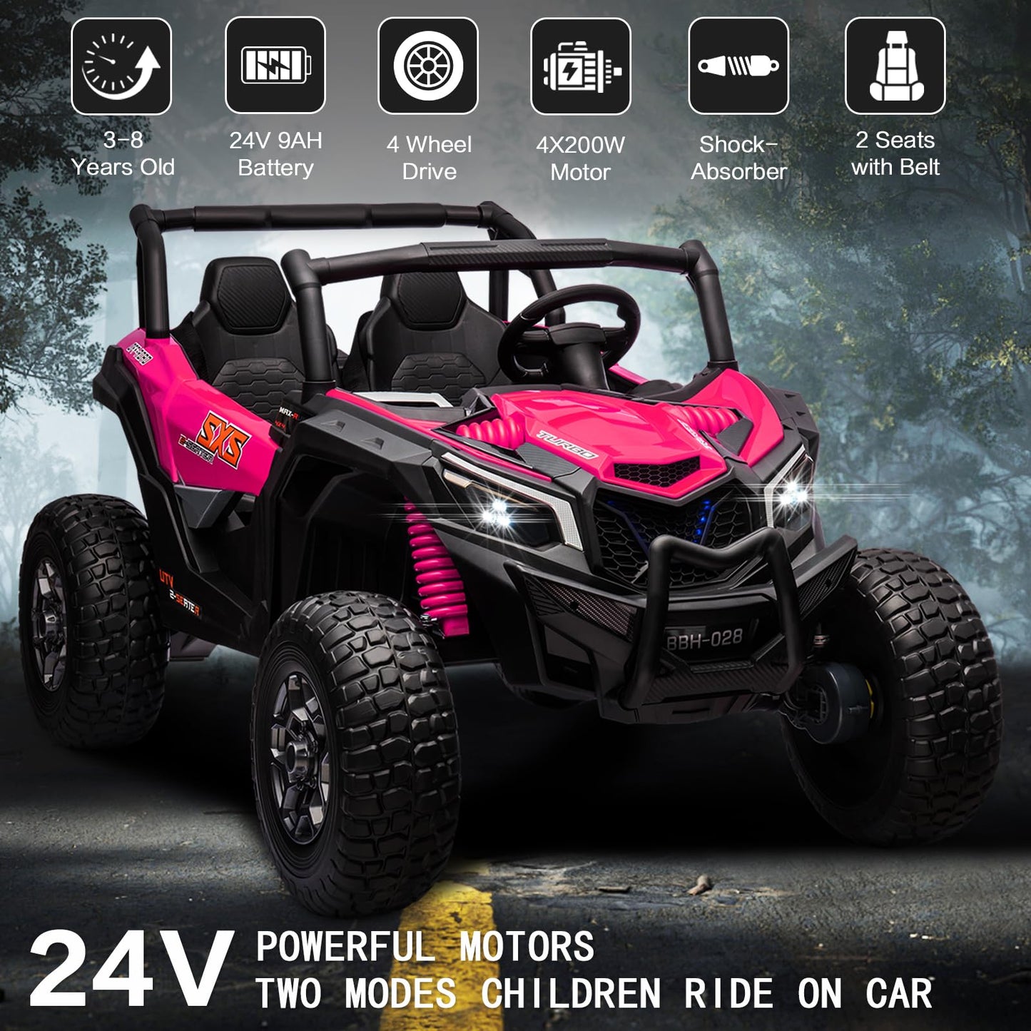 Molachi 24V Kids Ride On Car Truck, 4Wd Kid Remote Control Vehicle, 2 Adjustable Seater Children Electric Cars, 3 Speeds, Led Li