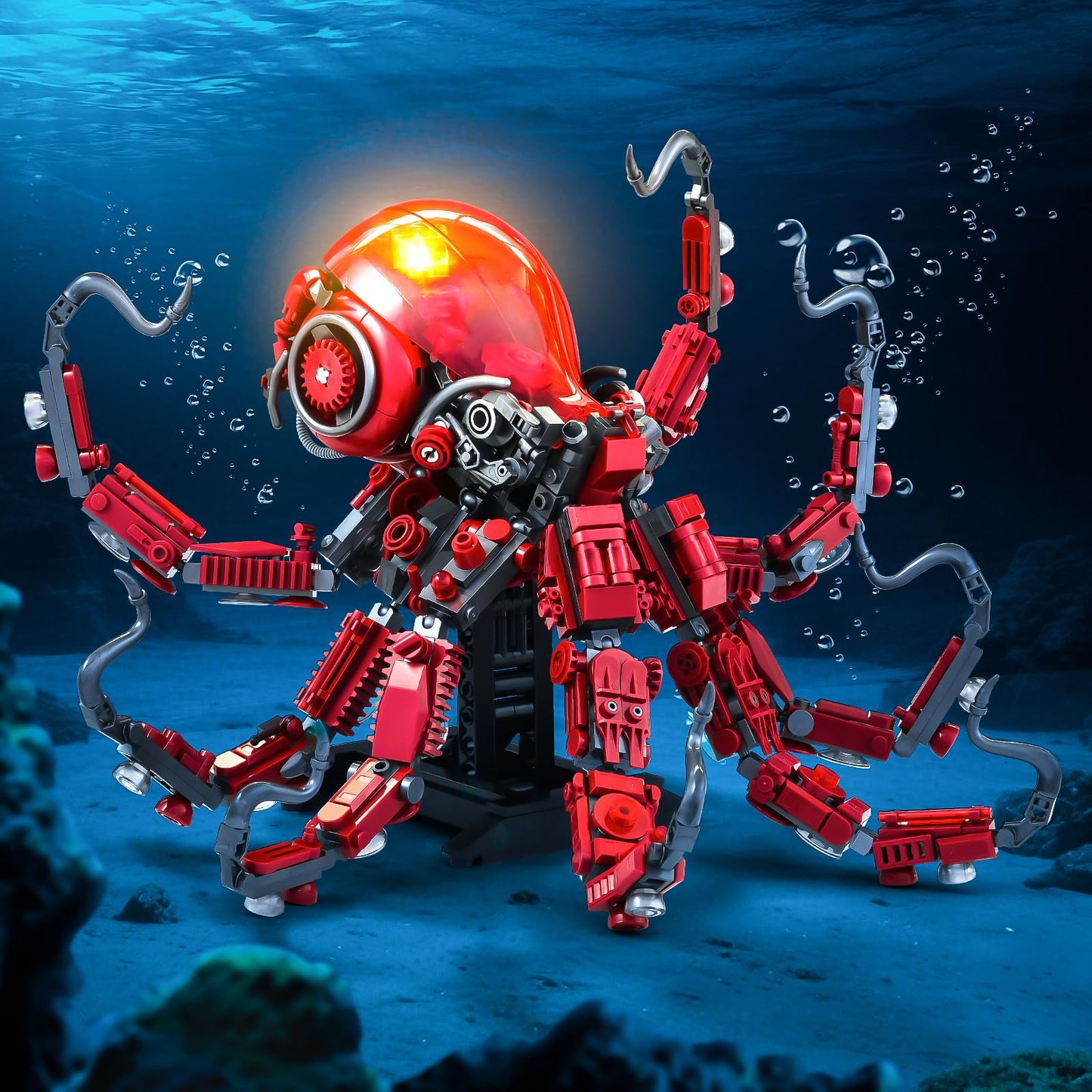 XITALAXU Mechanical Octopus Building Set - 882PCS Large Plastic Toy with Display Stand & Light, Red Ocean Animal Decor for Adults & Teens