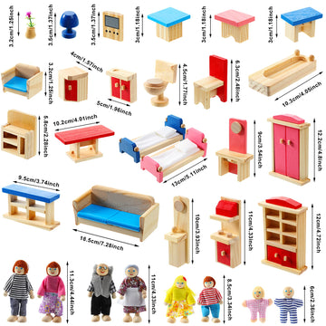 Sumind 35 Pcs Wooden Doll House Furniture And Accessories Set With 27 Pcs Dollhouse Furniture 8 Pcs Doll House Family Figures For Dollhouse Family Set