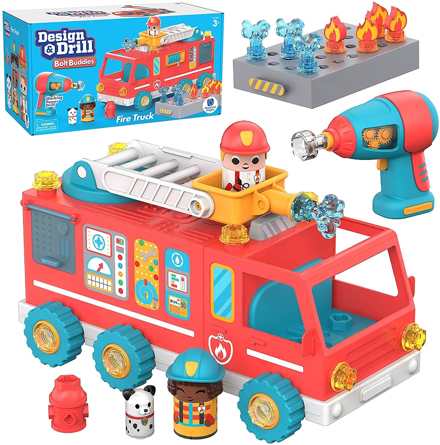 Educational Insights Design & Drill Fire Truck Toy, Electric Drill, STEM Learning, Ages 3+, Multi Color, Model 4189