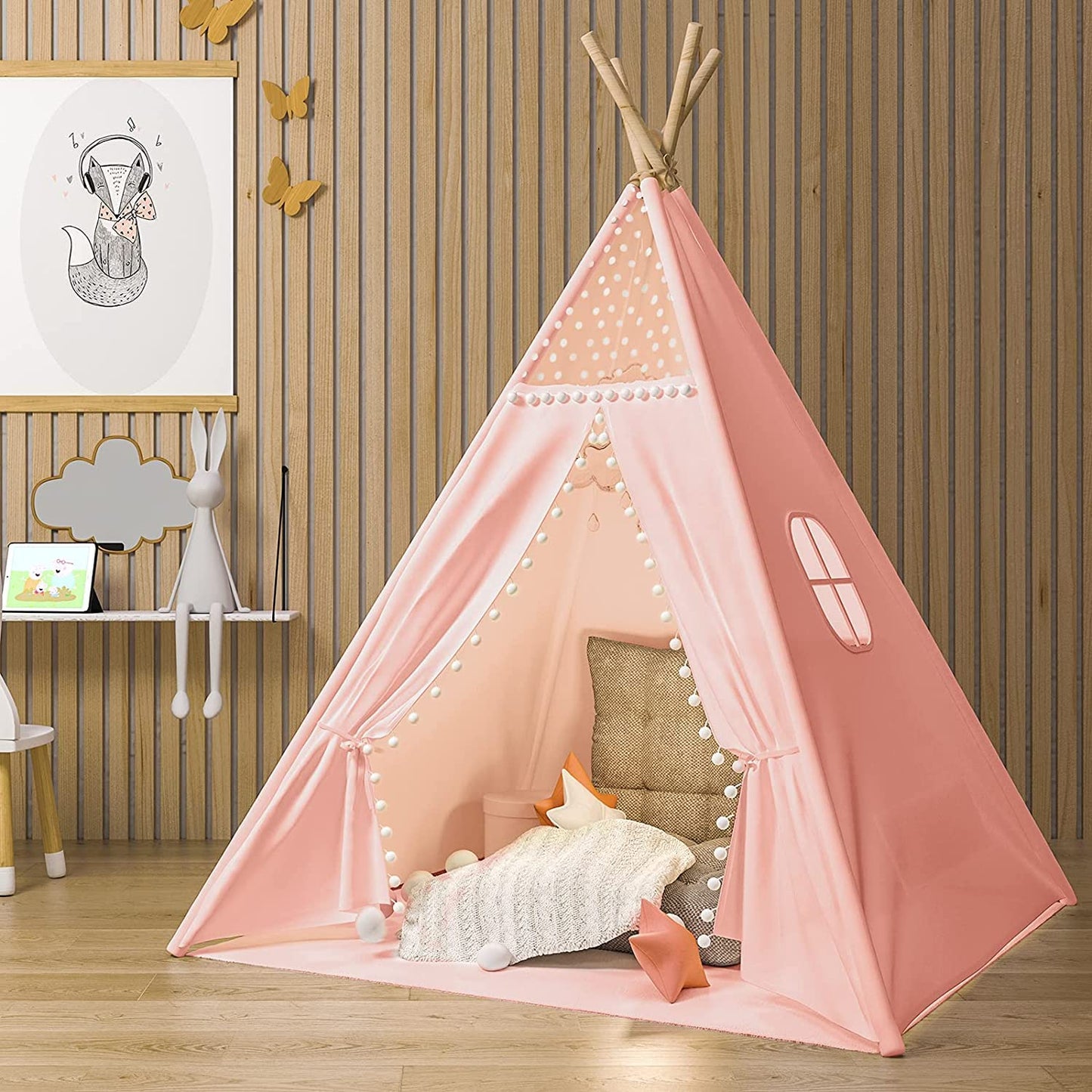 Gamenote Teepee Tent For Kids Indoor Tents With Mat, Inner Pocket, Unique Reinforcement Part - Foldable Kids Play Tent Canvas Tipi Childrens Tents For Girls & Boys (Pink)