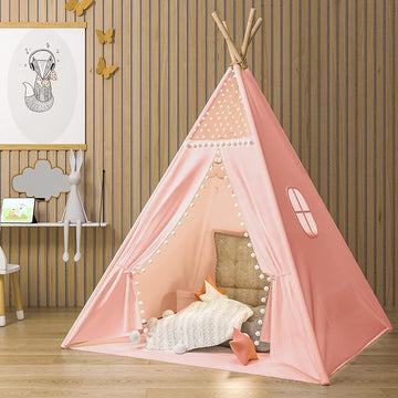 Gamenote Teepee Tent For Kids Indoor Tents With Mat, Inner Pocket, Unique Reinforcement Part - Foldable Kids Play Tent Canvas Tipi Childrens Tents For Girls & Boys (Pink)