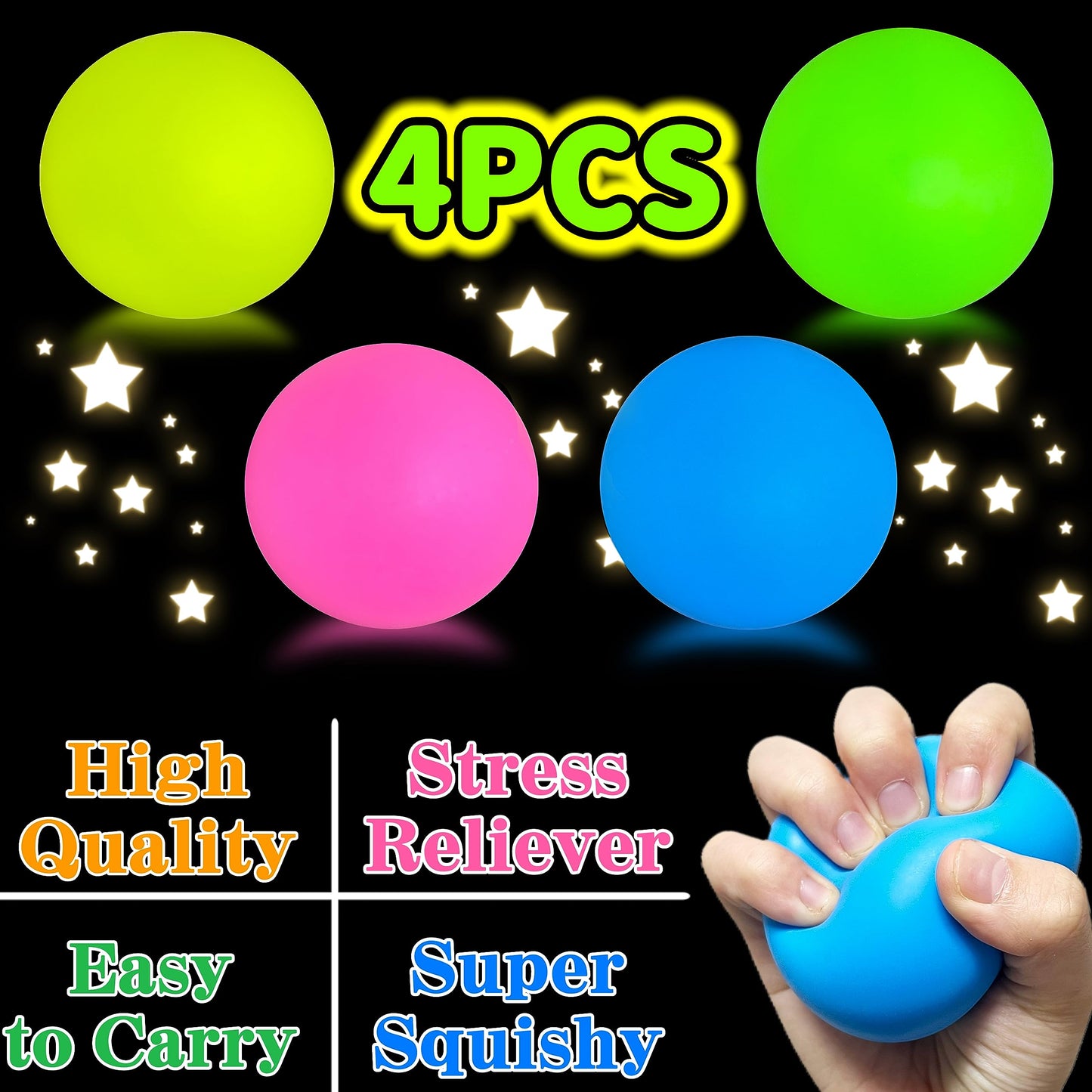 JIAHO 4 PCS Glow in The Dark Squishy Stress Balls, 2.4'' Sticky Dough Balls Squishy Toys, Party Favors for Kids, Stress Relief S