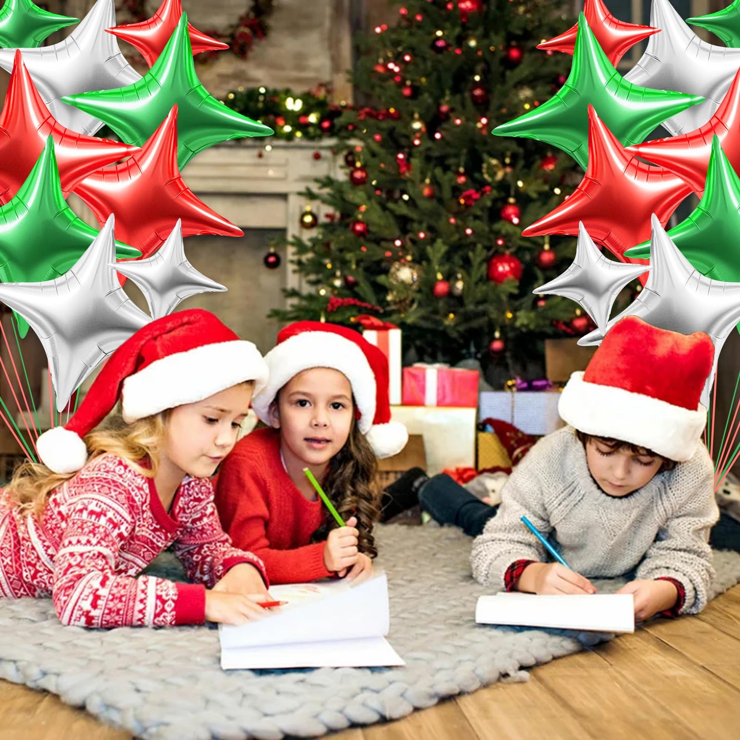TONIFUL 30Pcs 26In&10In Star Balloons Red Green Silver Four Pointed Foil Mini Star Mylar Balloons for Halloween Chrismas Birthda