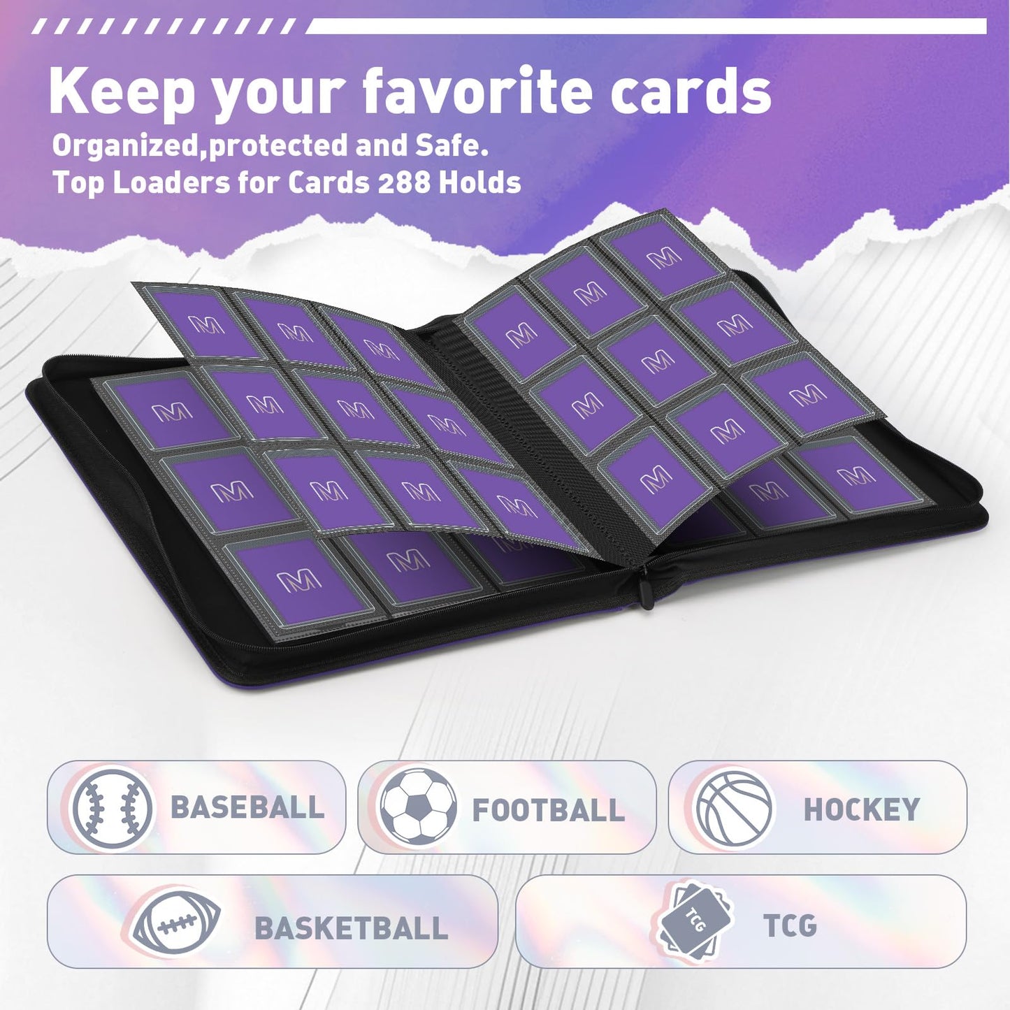 Toploader Binder Trading Card Binder Storage Hold up 288 Cards 9-Pocket Top Loader Binder with Sleeves for 3x4 Rigid Toploaders Hard Cases (9Purple6)