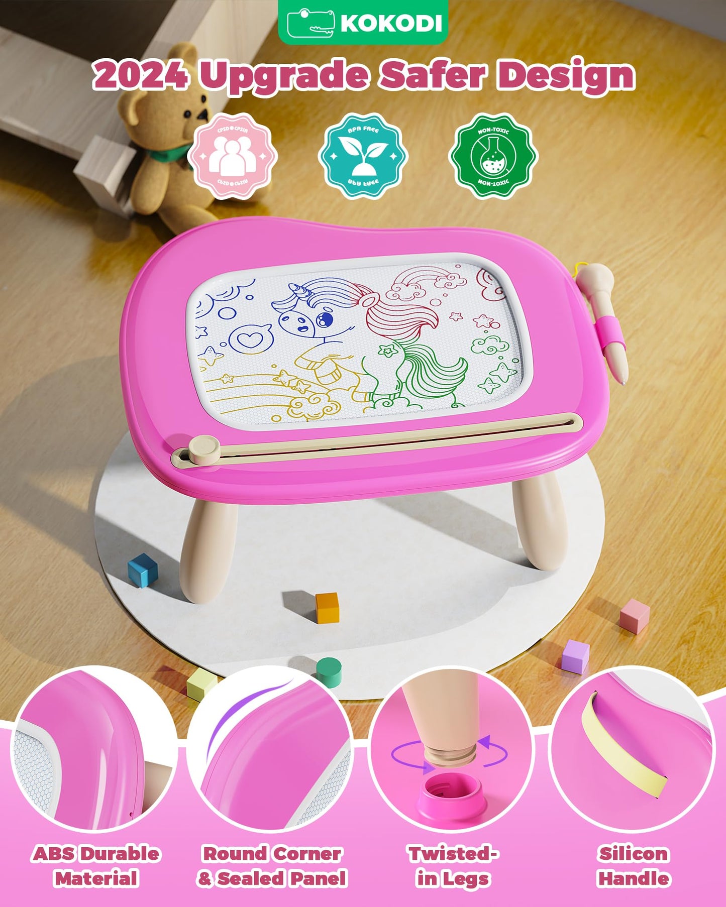 Kokodi Toys Gifts For 1 2 3 Years Old Girl, Sturdy Magnetic Drawing Board Sketch Doodle Pad, Educational Learning Birthday Easter Gifts Basket Stuffers For Kids Toddler - Left Hands Friendly (Rose)