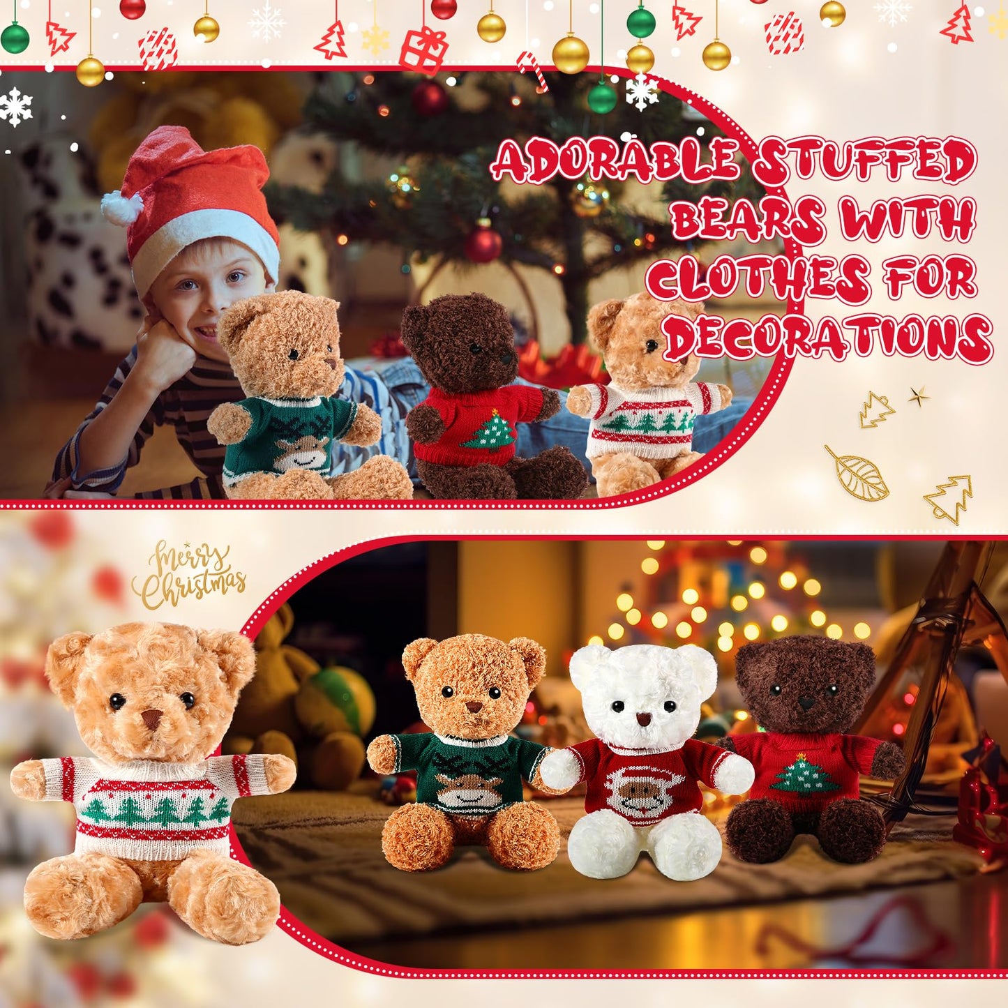 Glimin 4 Pcs Christmas Bear Stuffed Animals With Doll Clothes 12 Inch Cute Plush Bear With Removable Sweater Hoodie Xmas Doll Ac