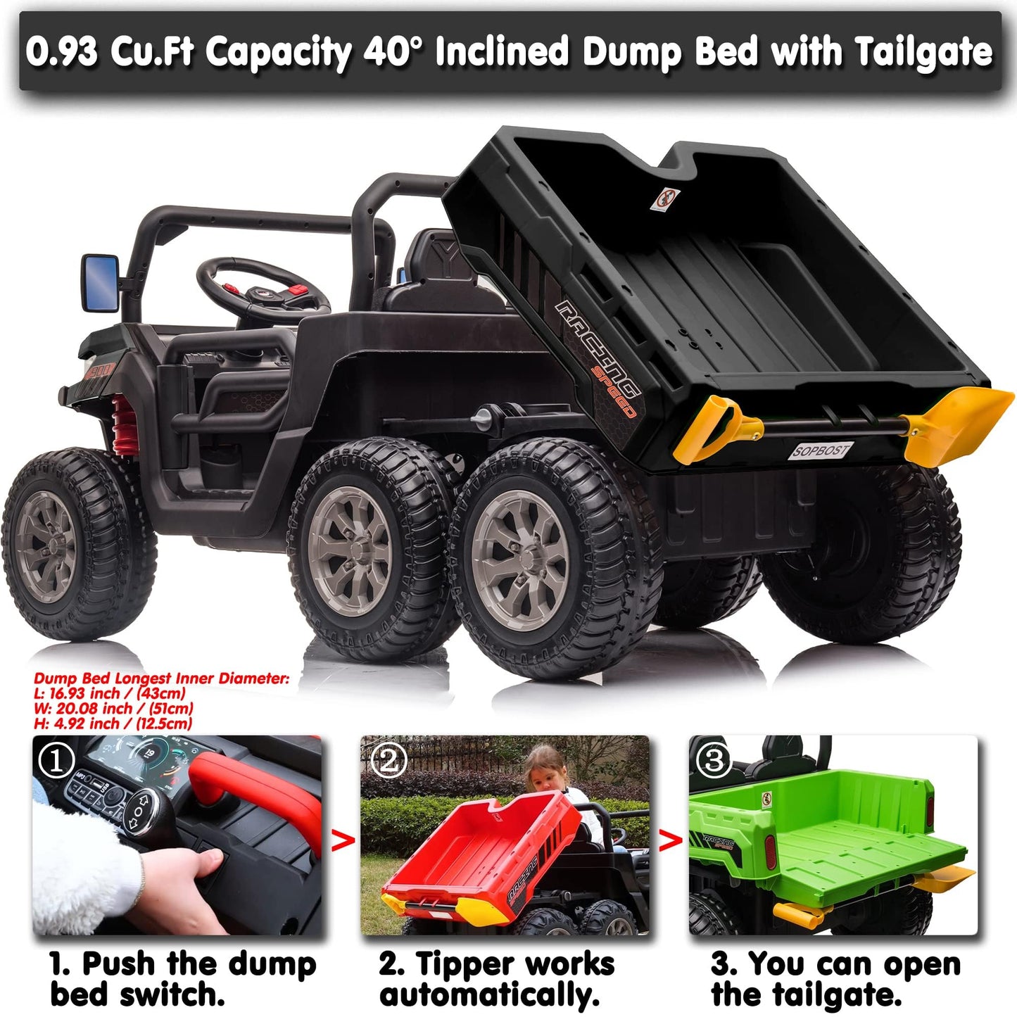 Sopbost 2 Seater 24V Kids Ride On Truck With Electric Dump Bed, 4Wd Battery Powered Ride On Car With Remote Control, Music Play,
