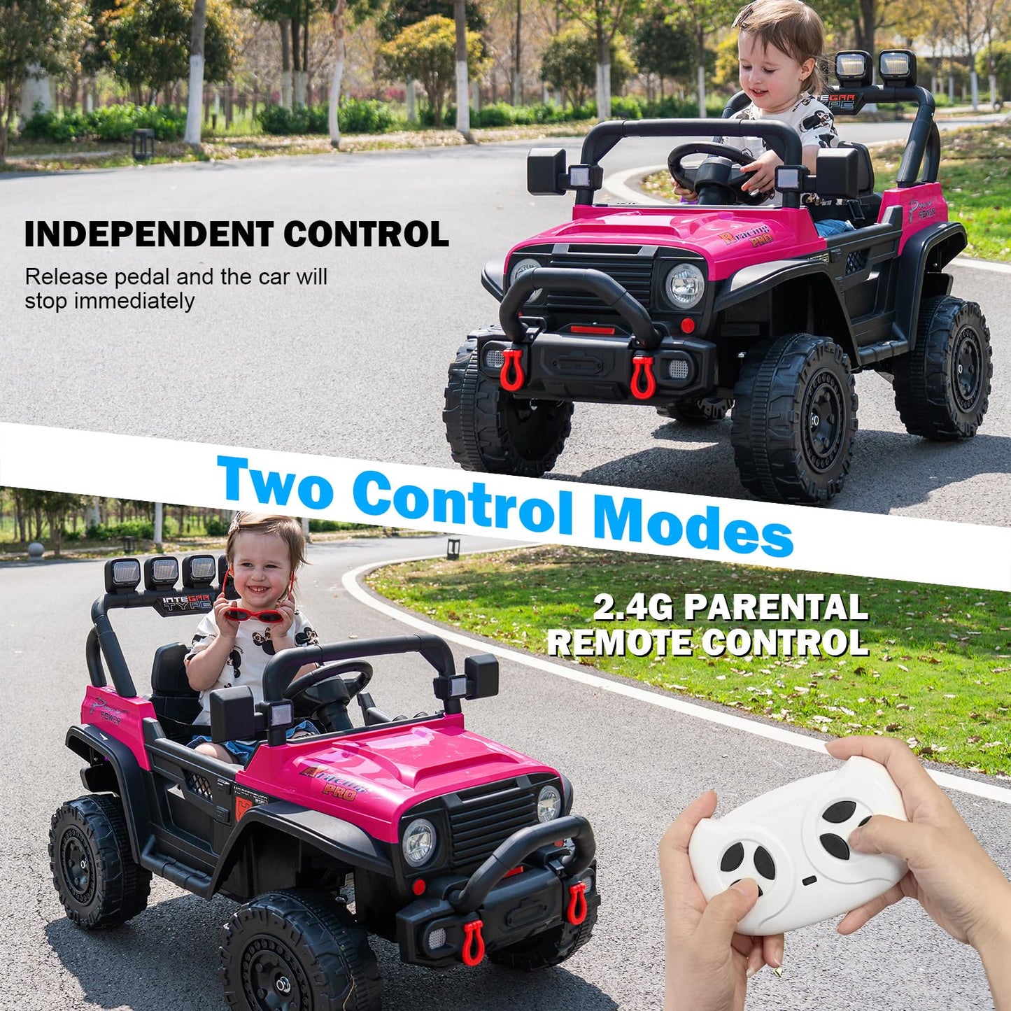 RunFast 24v Ride on Car with Remote Control Electric Ride on Toys Car for Kids 3-8 3.7mph Max Speed Battery Powered Large Seat with Safety Belt Aux Port Gift for Boy & Girl (Pink  24V)