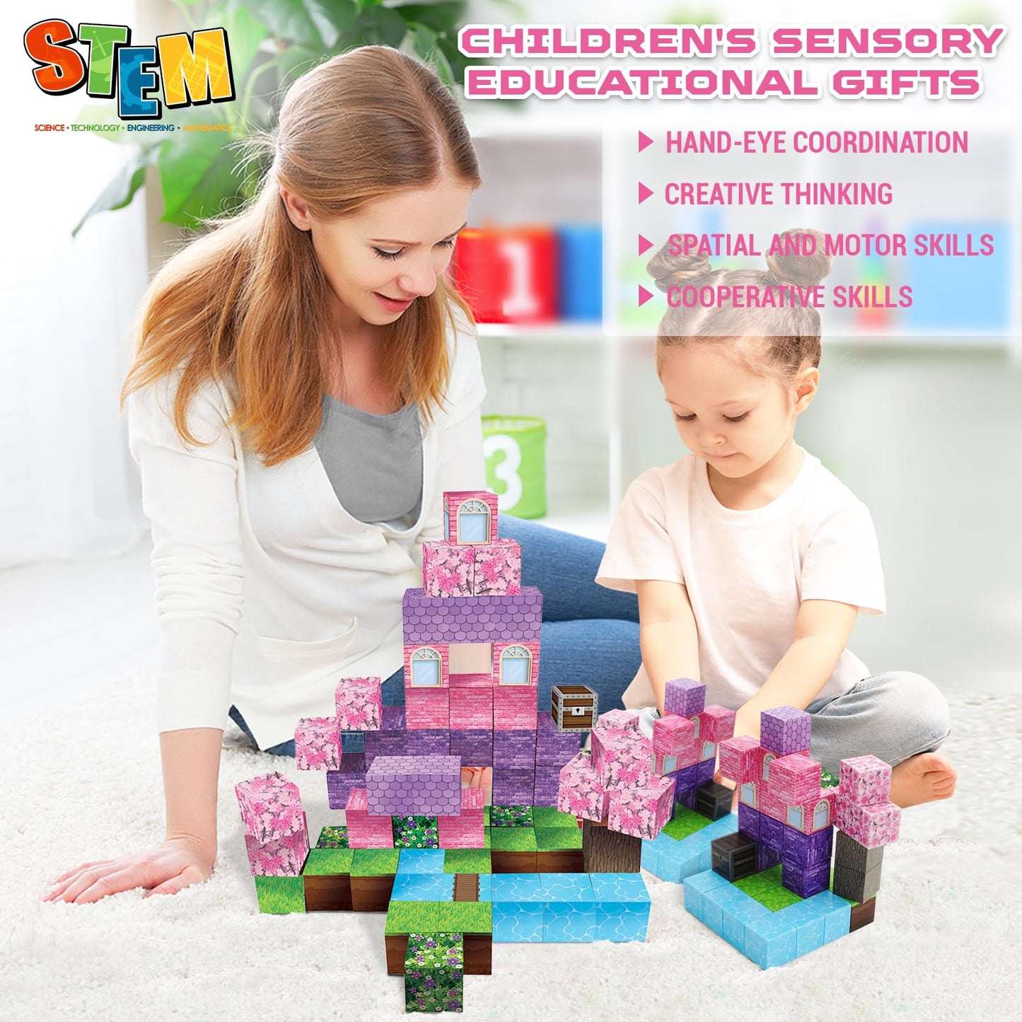 Graceduck 60Pcs Magnetic Blocks For Toddlers, Build Magnetic Pink Castle Set - Magnetic Construction Cube Toys, Montessori Sensory Toys For Toddlers 6 7 8 9 10 Year Old Girls Boys