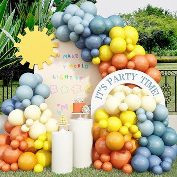 Here Comes The Son Baby Shower Decor Balloons Arch, 125 Pcs Retro Orange Blue And Yellow Balloons With 25 Inch Sunshine Sun Foil