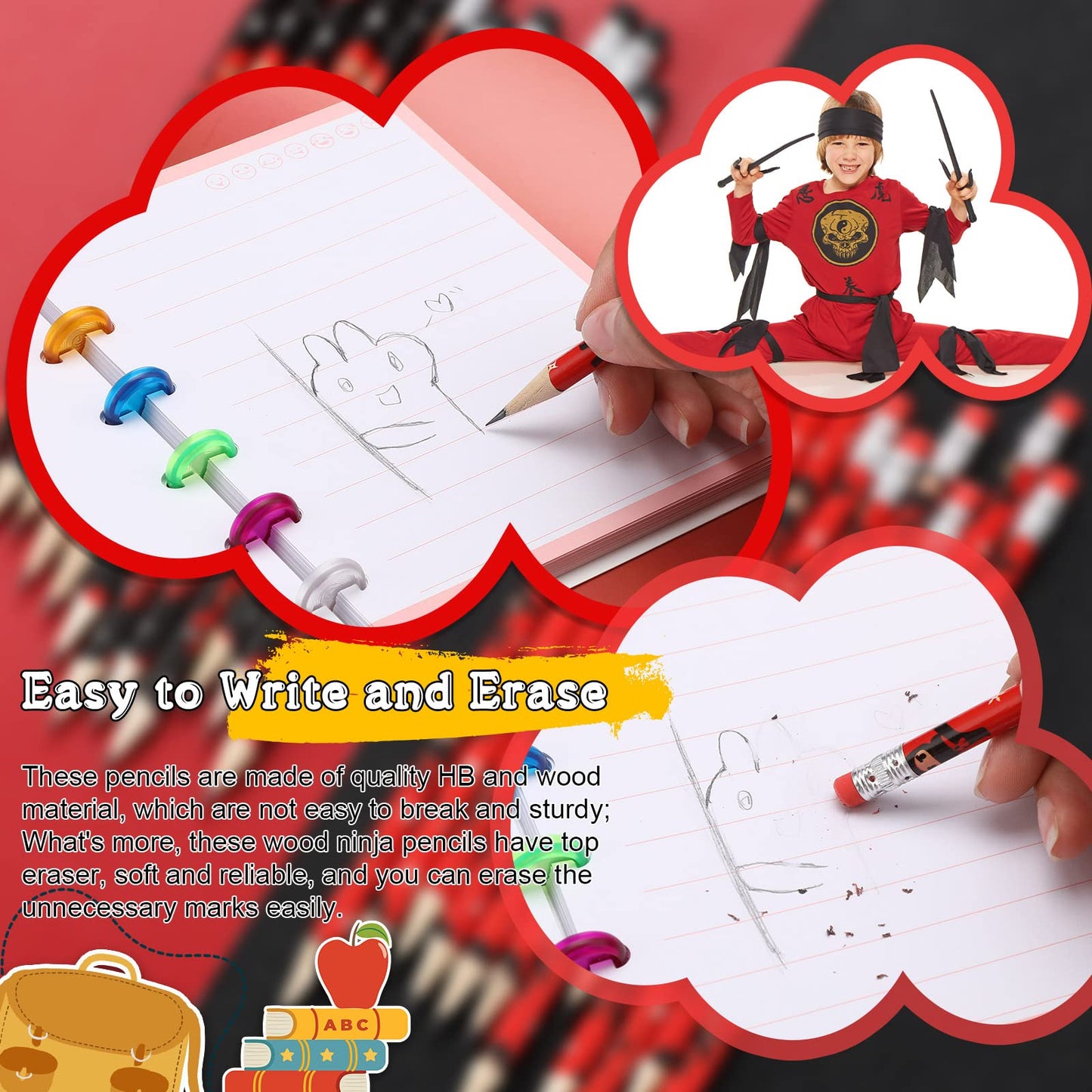 Nezyo Ninja Pencils Set - 24 Wooden Pencils with Erasers for Kids Party Favors, Stocking Stuffers, Classroom Rewards, and Carnival Goodie Bags