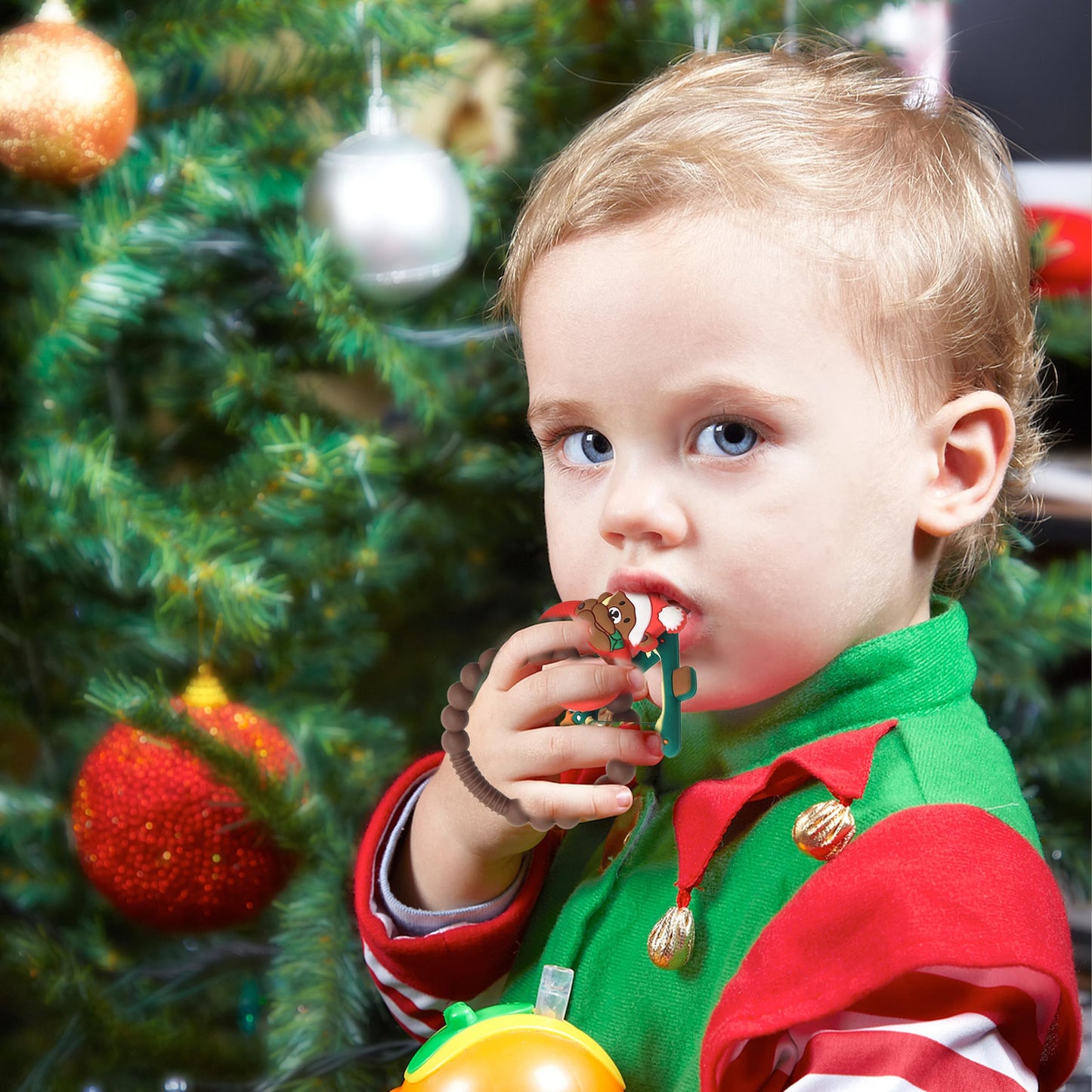 2pcs Christmas Baby Silicone Teether Christmas Tree and Bear Teething Ring Christmas Teething Toys Toddler Teething Chew Toys Ch